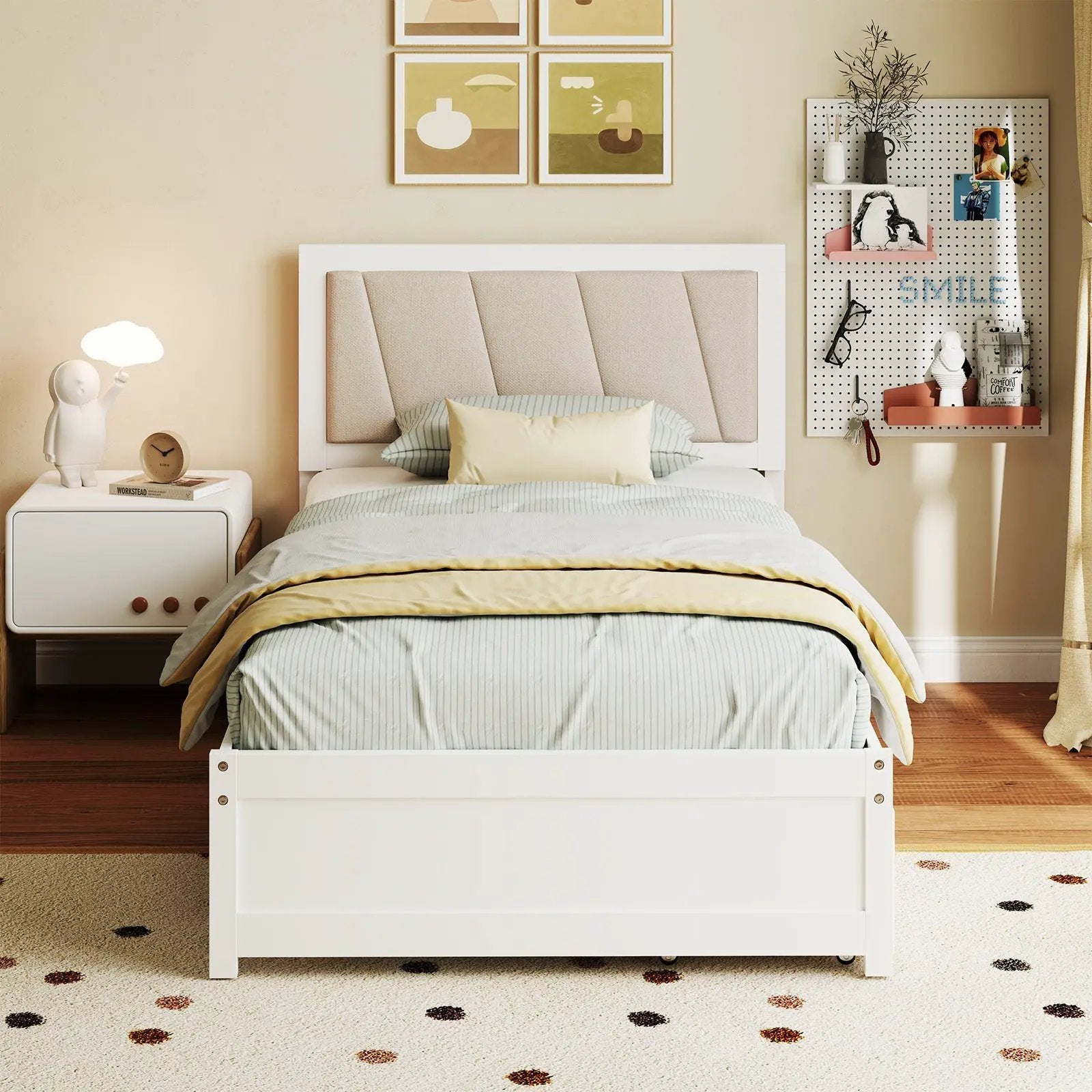 Solid Wood Structure Bed Frame with 2 Drawers Upholstered Headboard-Twin Size by DirectDeals