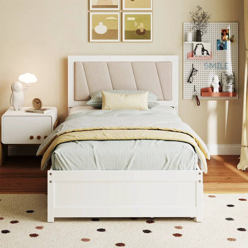 Solid Wood Structure Bed Frame with 2 Drawers Upholstered Headboard-Twin Size by DirectDeals