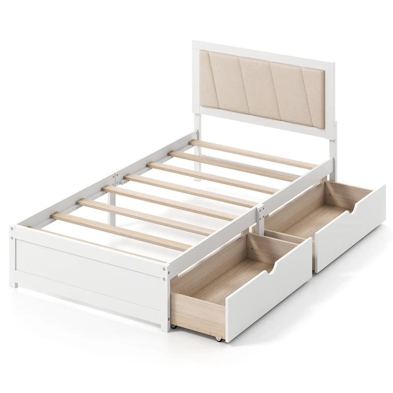 Solid Wood Structure Bed Frame with 2 Drawers Upholstered Headboard-Twin Size by DirectDeals