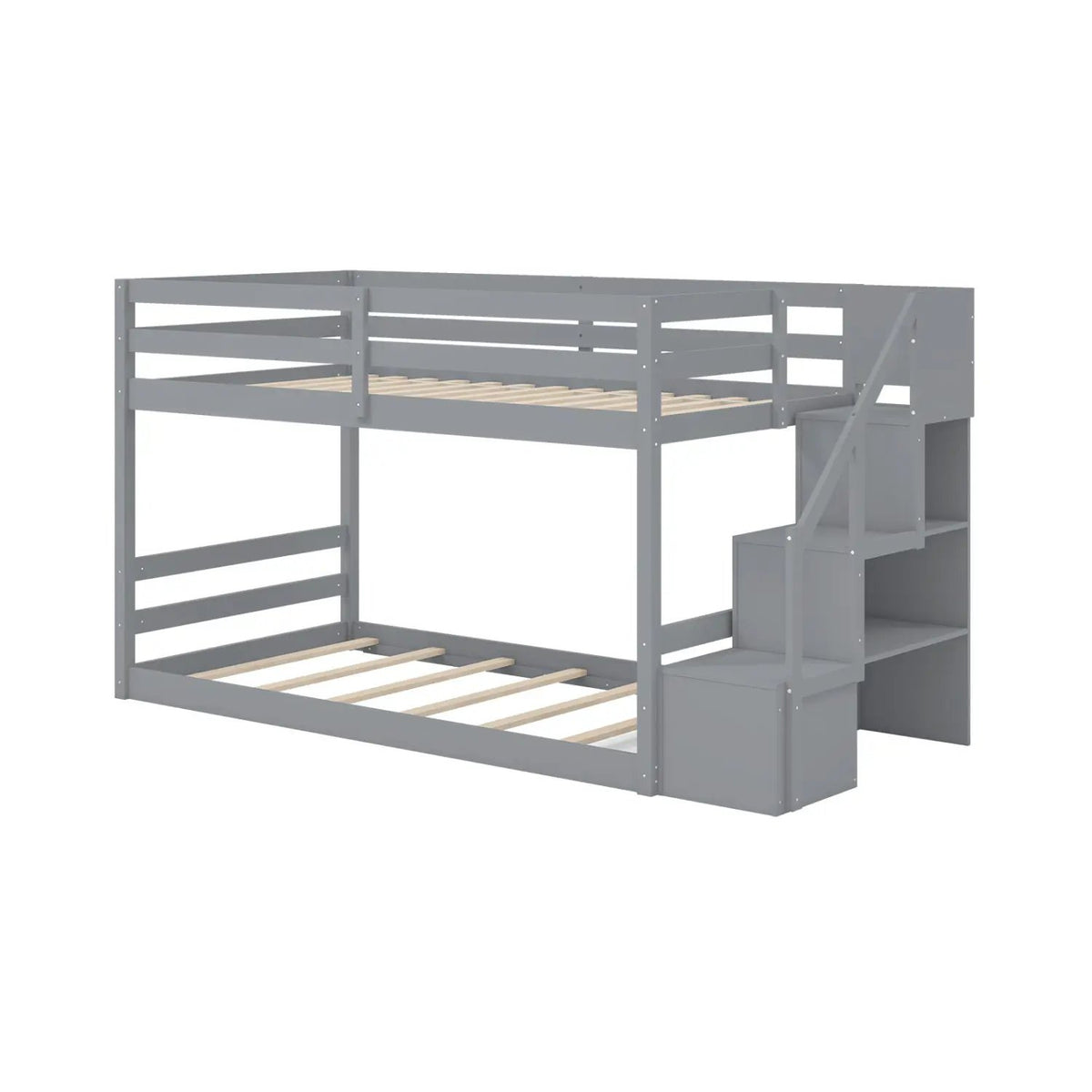 Solid Wood Twin Over Full Low Bunk Bed with Storage Stairs, photo 9 of 9