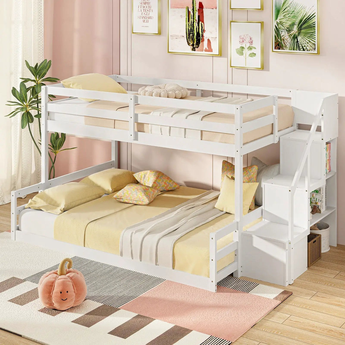Solid Wood Twin Over Full Low Bunk Bed with Storage Stairs, photo 2 of 9