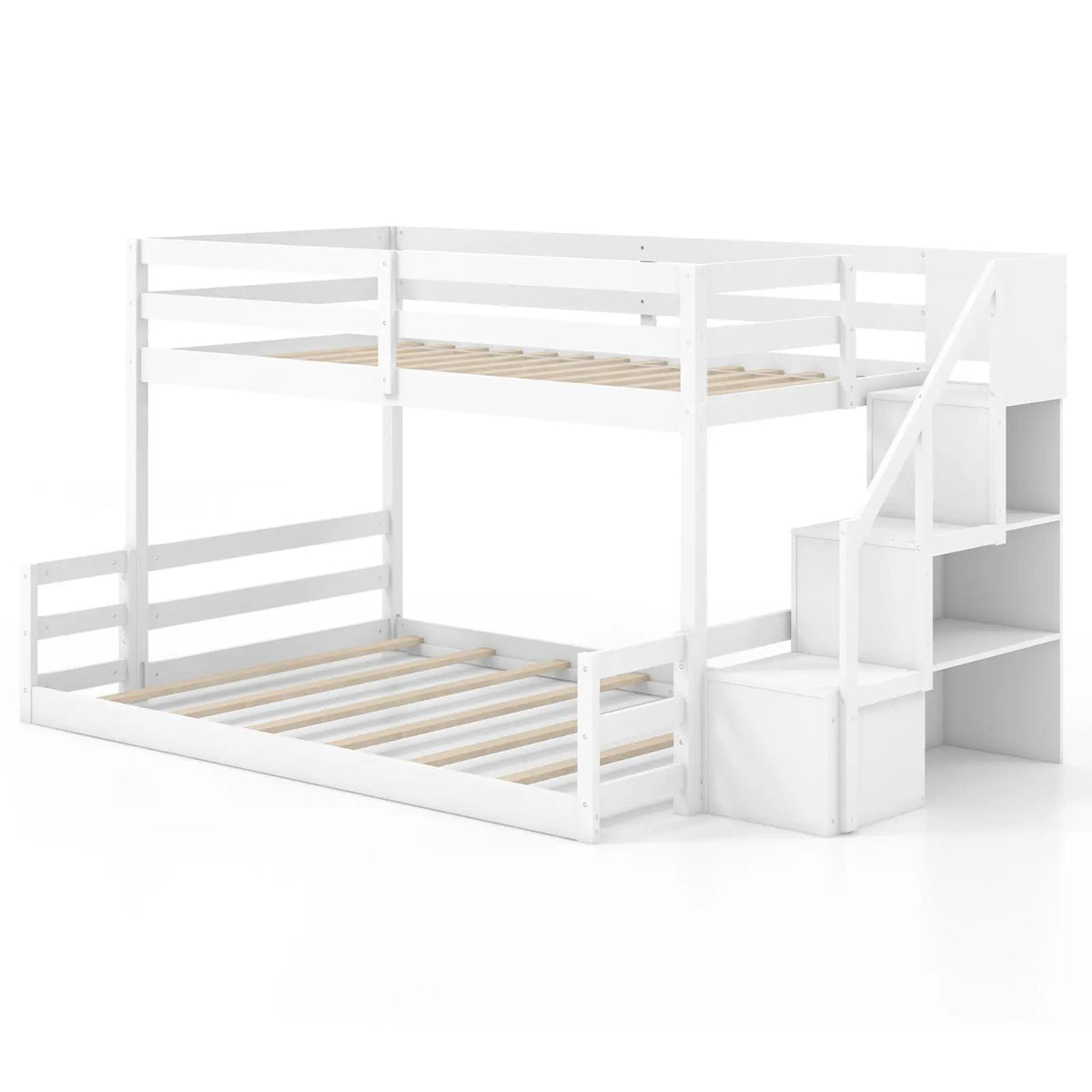 Solid Wood Twin Over Full Low Bunk Bed with Storage Stairs, photo 3 of 9