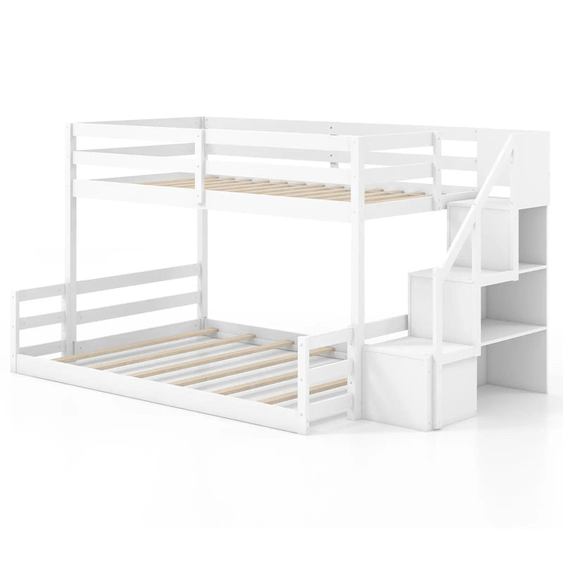 Solid Wood Twin Over Full Low Bunk Bed with Storage Stairs by DirectDeals