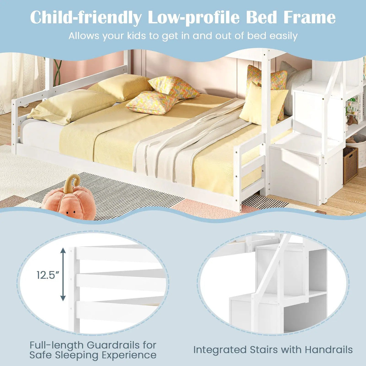 Solid Wood Twin Over Full Low Bunk Bed with Storage Stairs, photo 5 of 9
