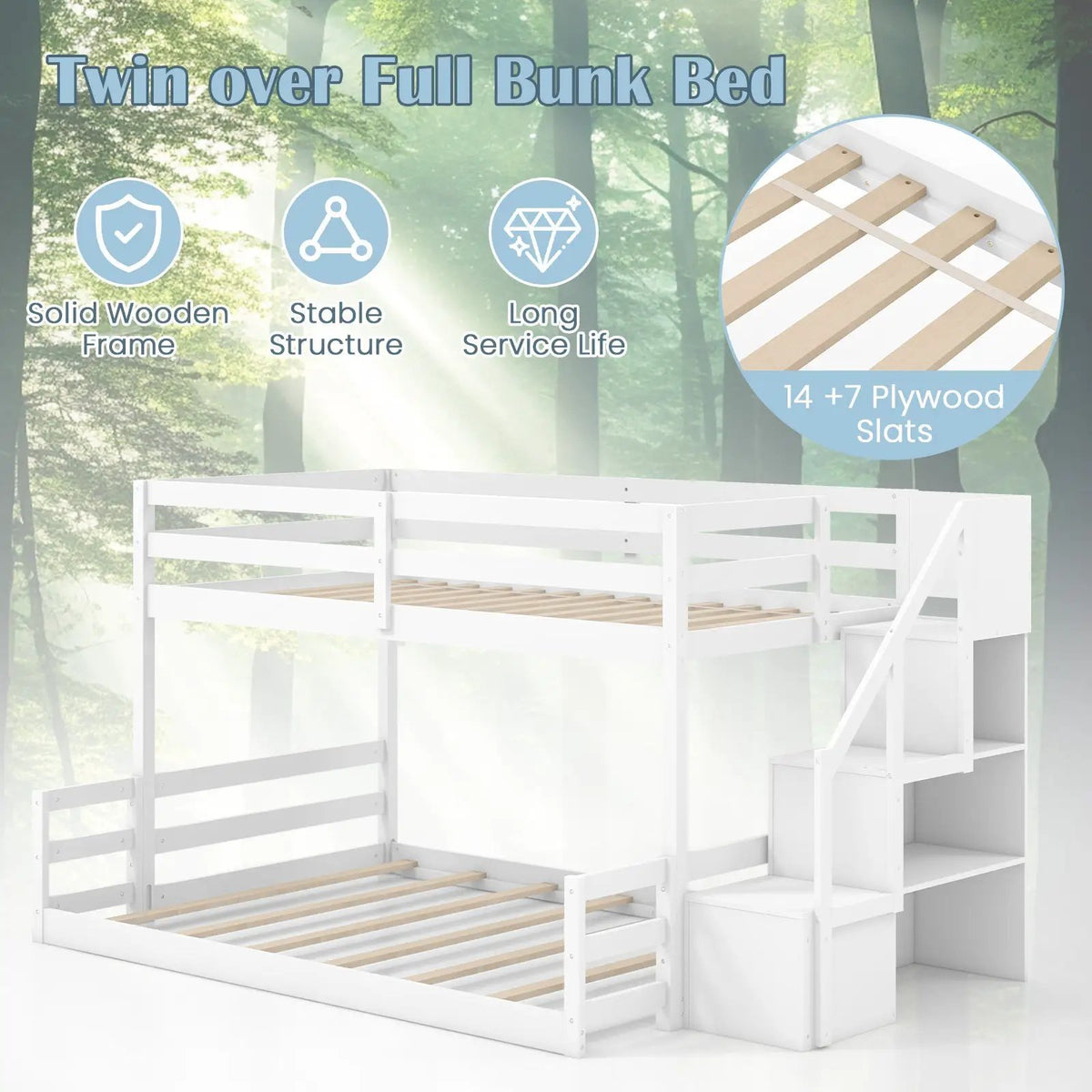 Solid Wood Twin Over Full Low Bunk Bed with Storage Stairs, photo 7 of 9