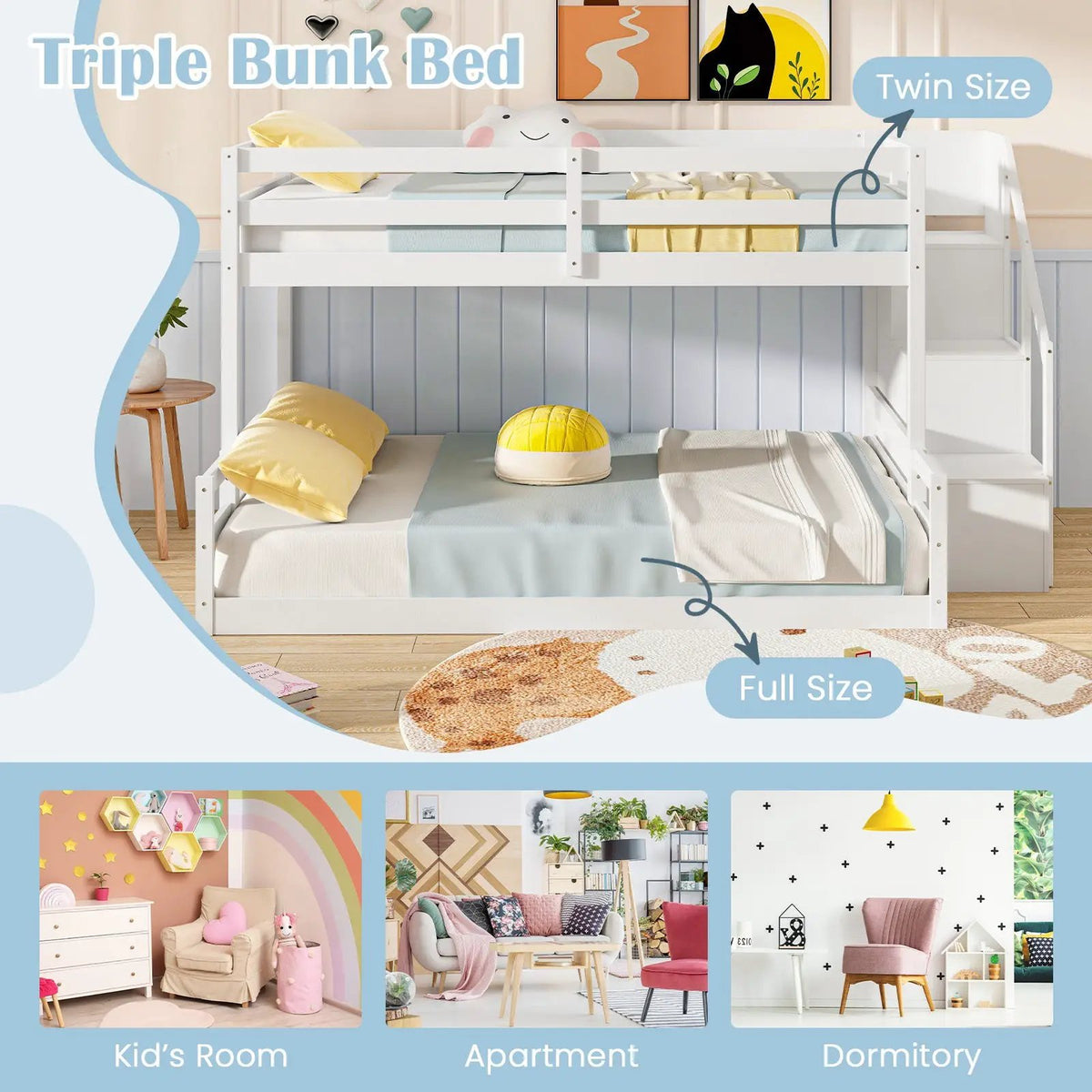 Solid Wood Twin Over Full Low Bunk Bed with Storage Stairs, photo 8 of 9