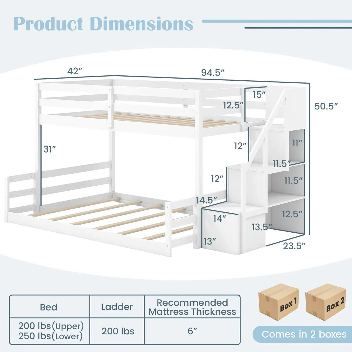 Solid Wood Twin Over Full Low Bunk Bed with Storage Stairs, photo 4 of 9