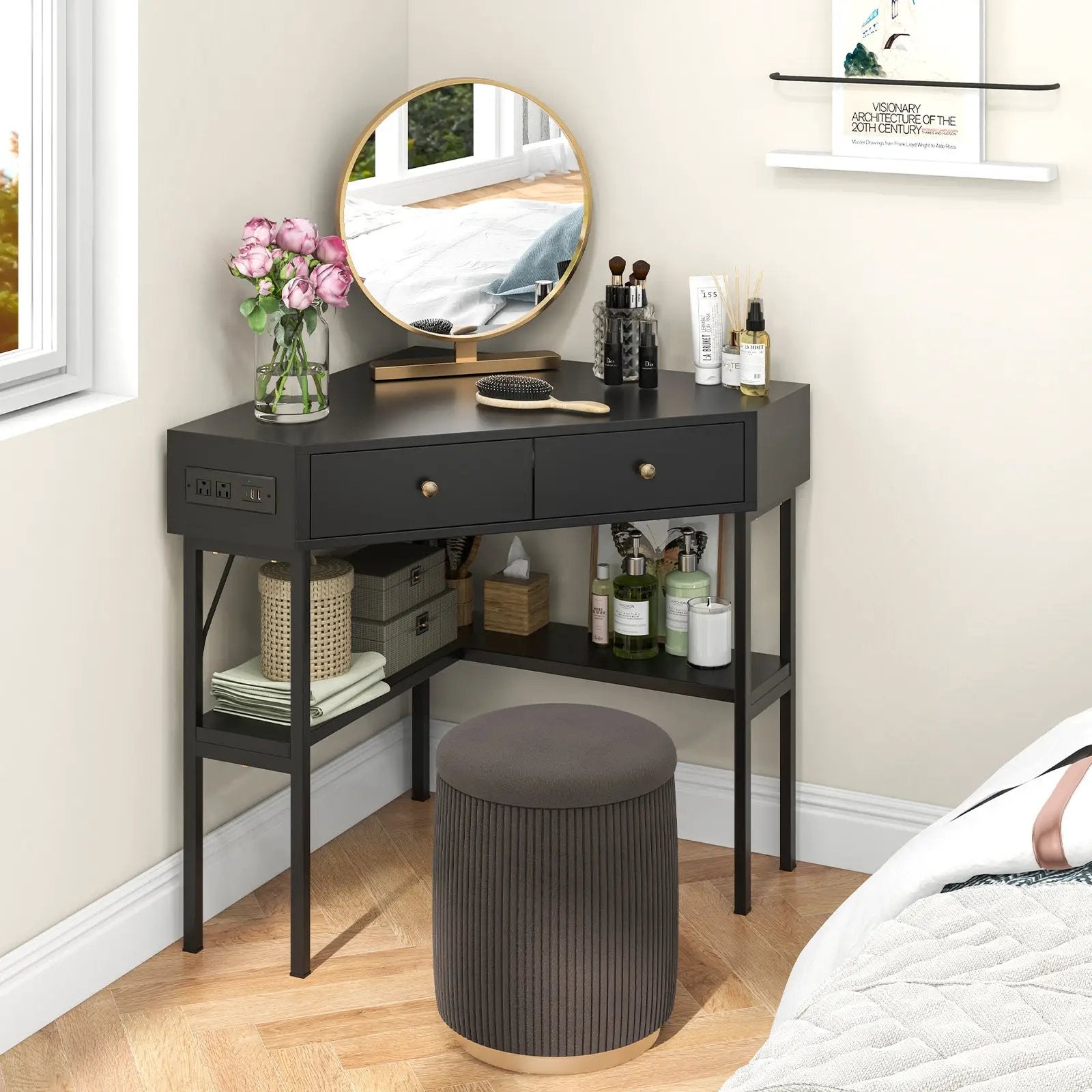 Triangle Corner Desk with Charging Station with 2 Drawers and Storage Shelf by DirectDeals
