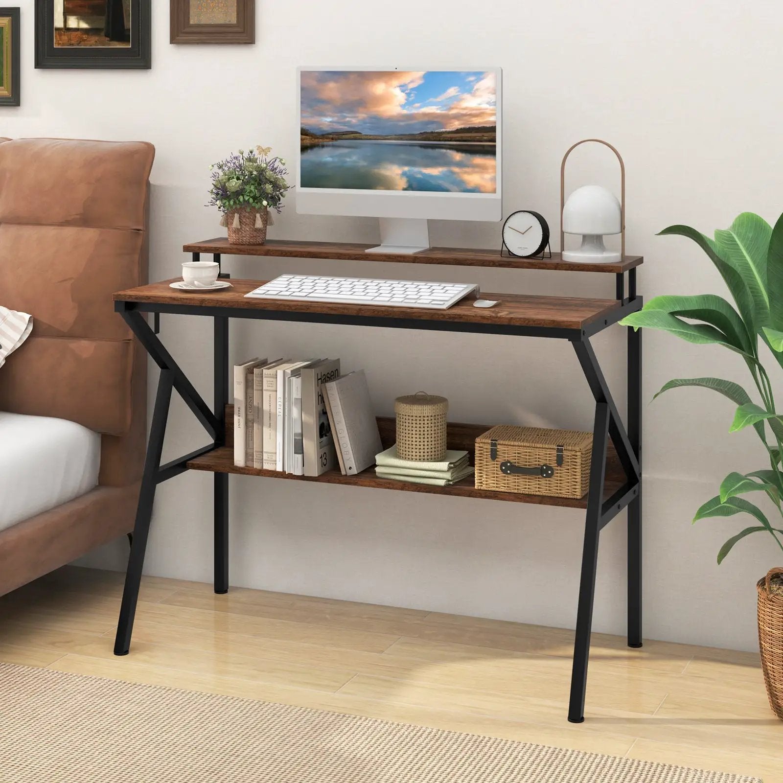 Space Saving Computer Desk with Monitor Stand and Extra Storage Shelf for Work Study by DirectDeals