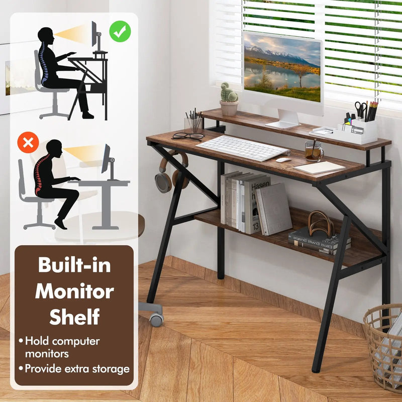 Space Saving Computer Desk with Monitor Stand and Extra Storage Shelf for Work Study by DirectDeals