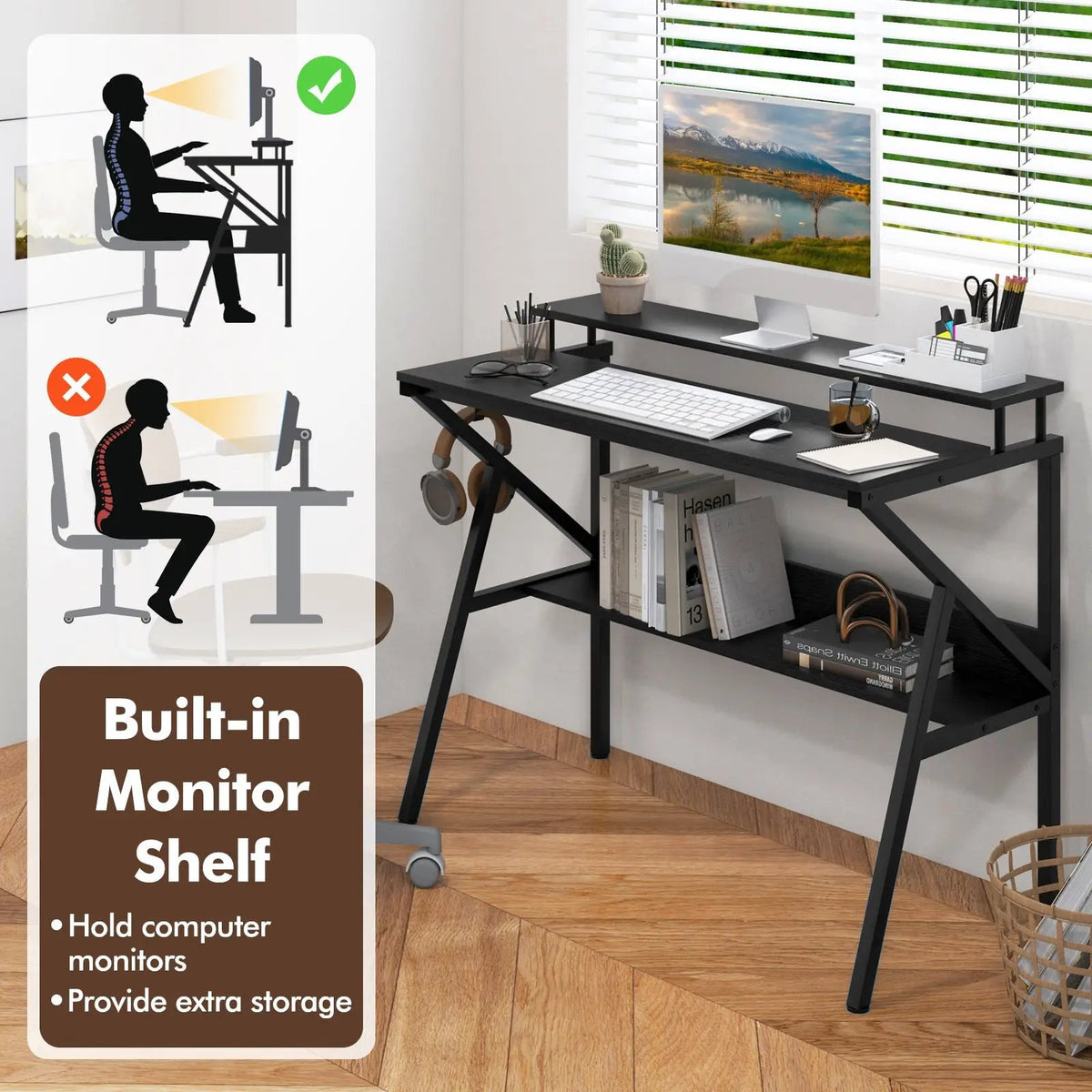 Space Saving Computer Desk with Monitor Stand and Extra Storage Shelf for Work Study, photo 9 of 32