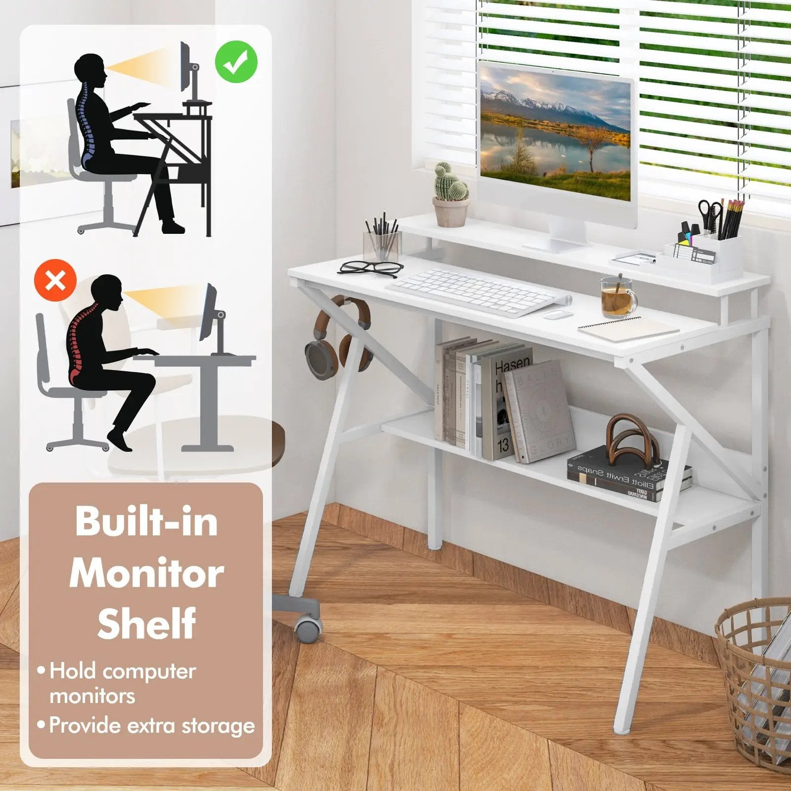 Space Saving Computer Desk with Monitor Stand and Extra Storage Shelf for Work Study by DirectDeals