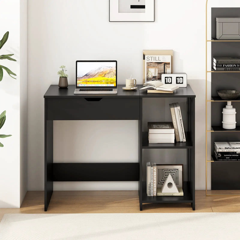 Space Saving Computer Desk with Hidden Compartment and Open Storage Shelves-Black by DirectDeals