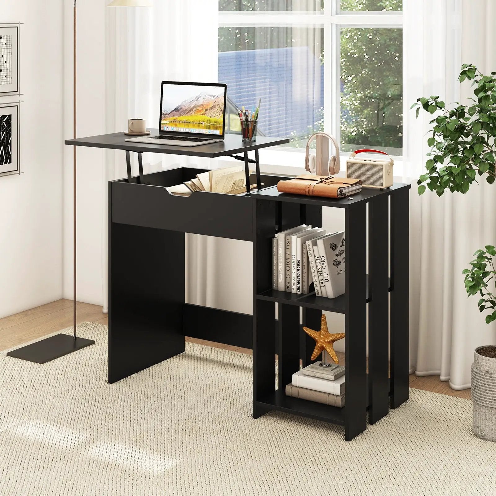Space Saving Computer Desk with Hidden Compartment and Open Storage Shelves-Black by DirectDeals