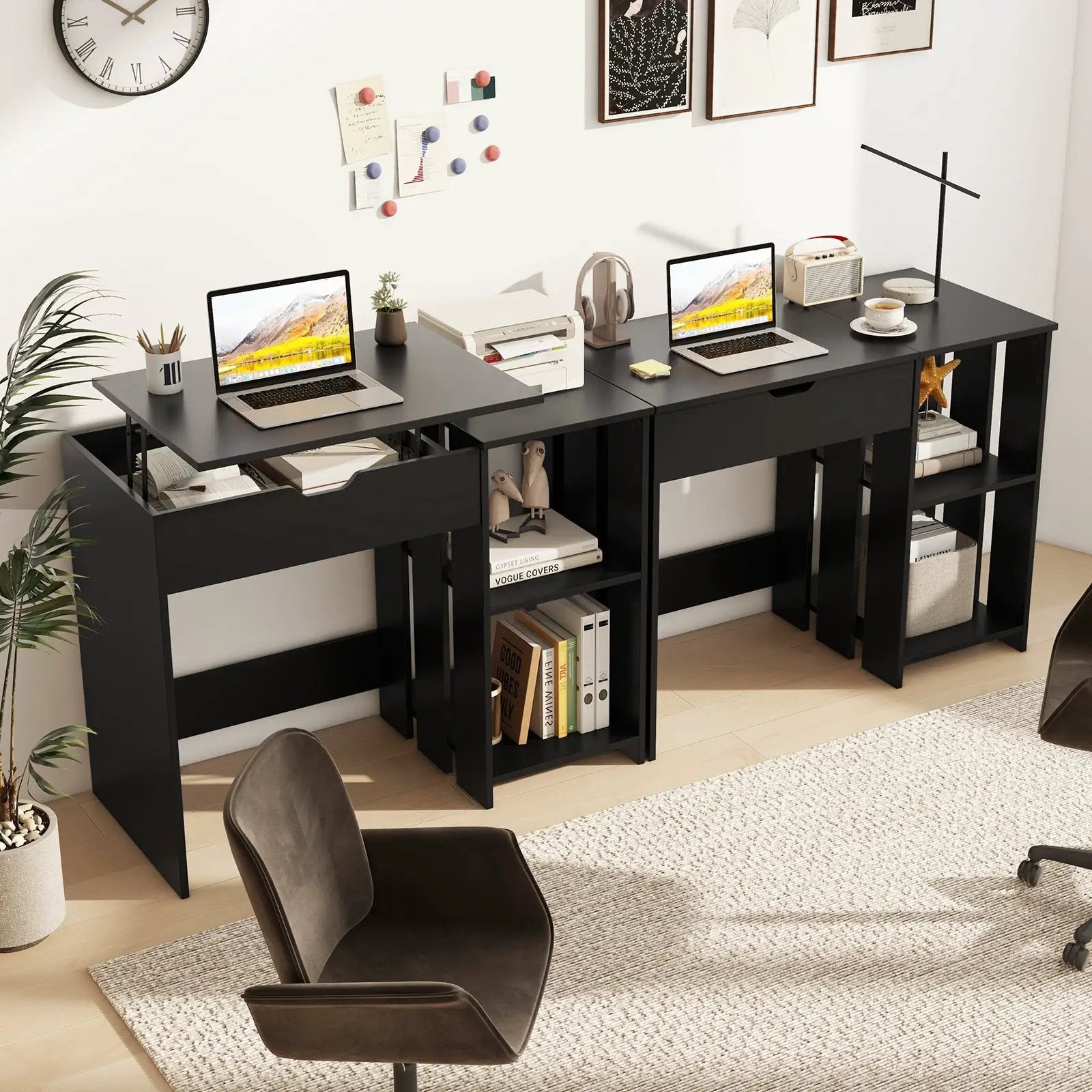 Space Saving Computer Desk with Hidden Compartment and Open Storage Shelves-Black by DirectDeals