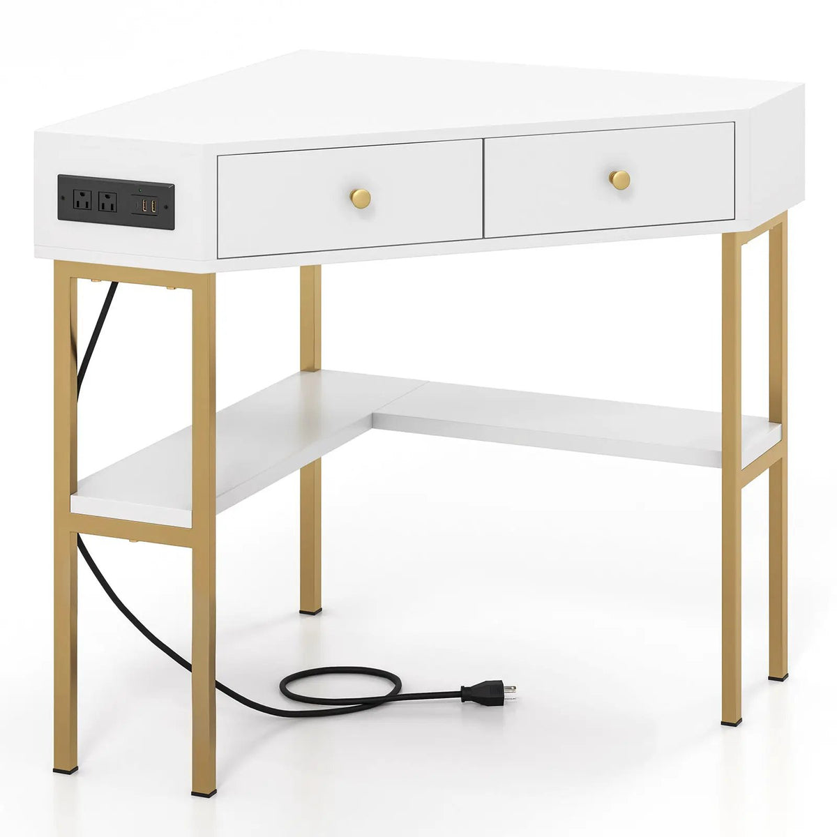 Triangle Corner Desk with Charging Station with 2 Drawers and Storage Shelf, photo 10 of 10