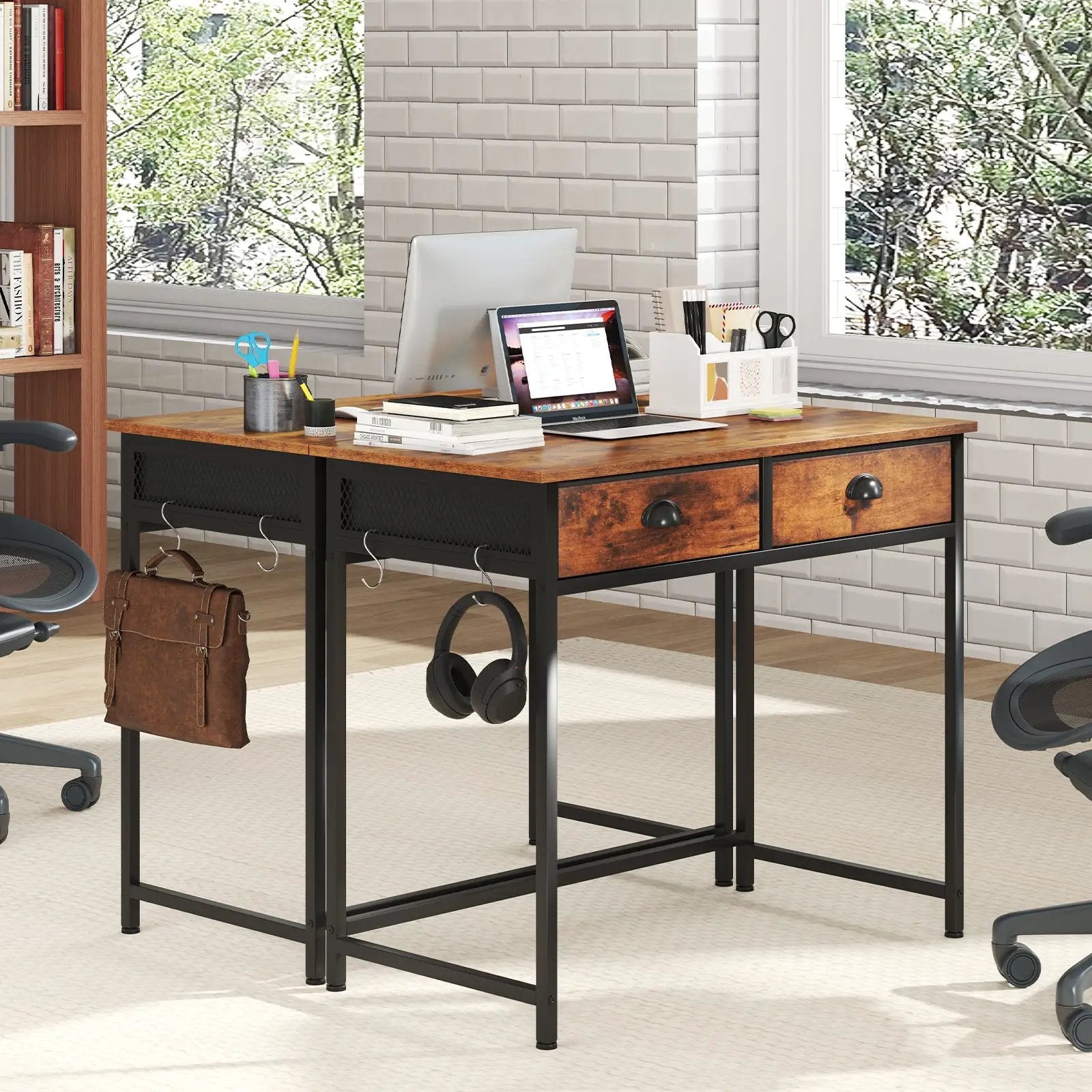 Space Saving Home Office Desk with 2 Fabric Drawers and 4 Hanging Hooks by DirectDeals