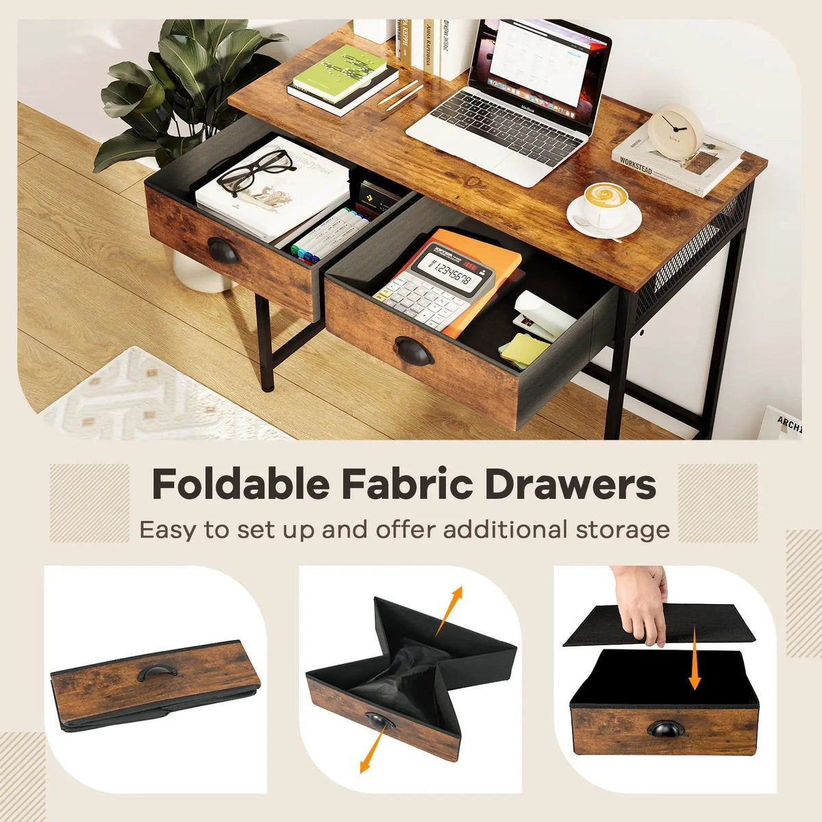 Space Saving Home Office Desk with 2 Fabric Drawers and 4 Hanging Hooks, photo 2 of 16