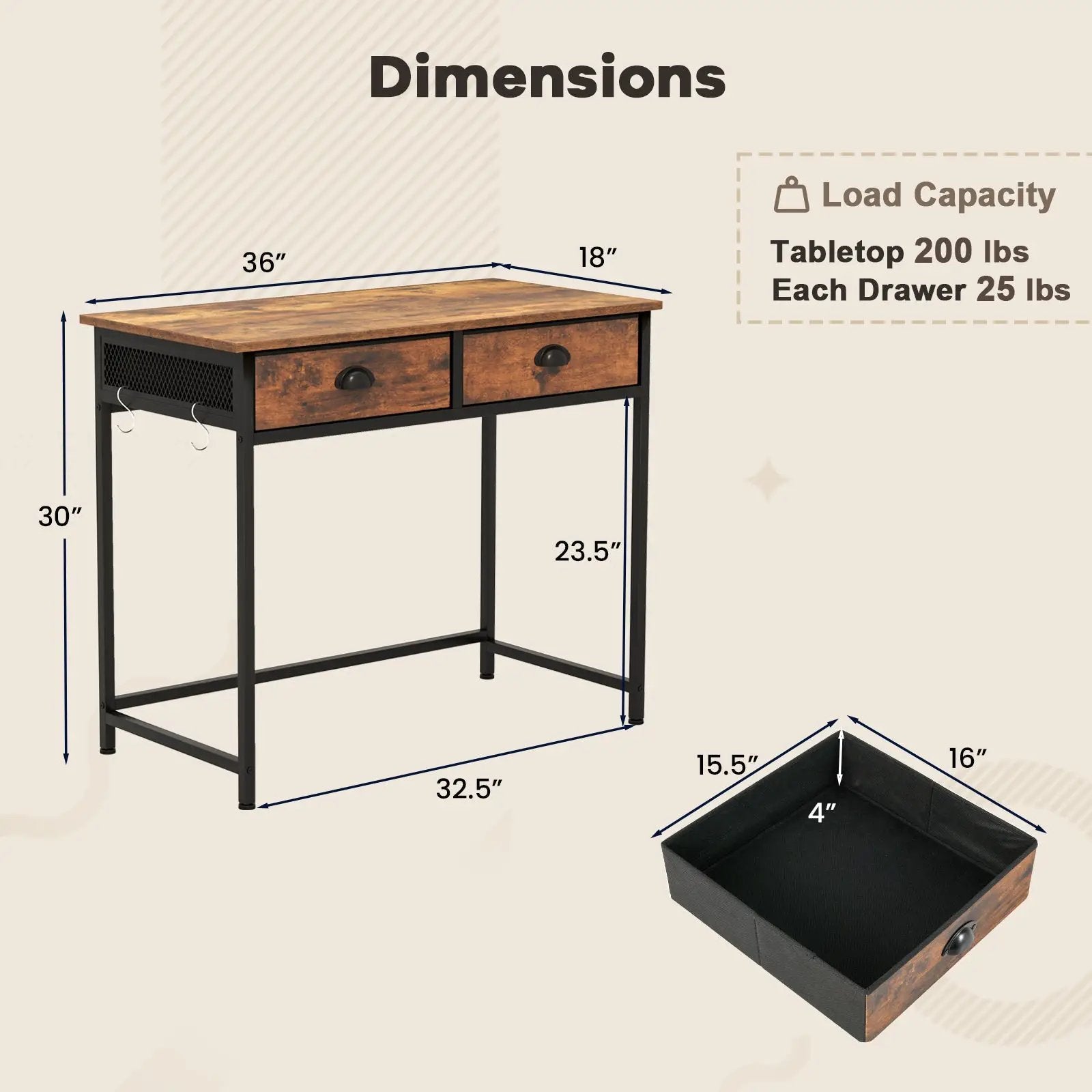 Space Saving Home Office Desk with 2 Fabric Drawers and 4 Hanging Hooks by DirectDeals