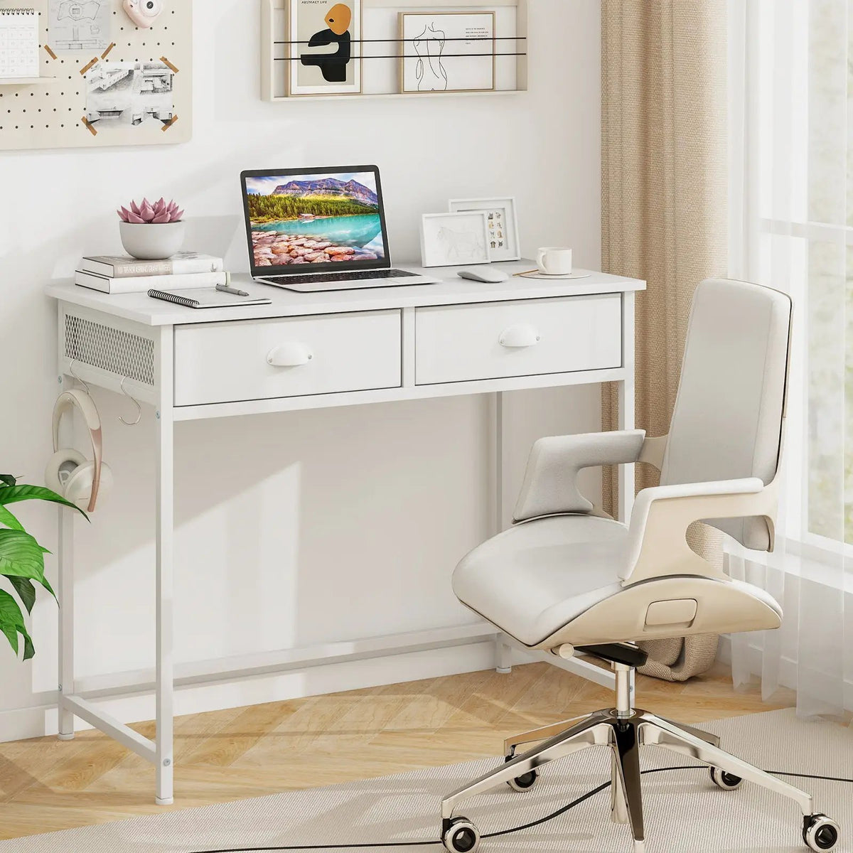 Space Saving Home Office Desk with 2 Fabric Drawers and 4 Hanging Hooks, photo 15 of 16