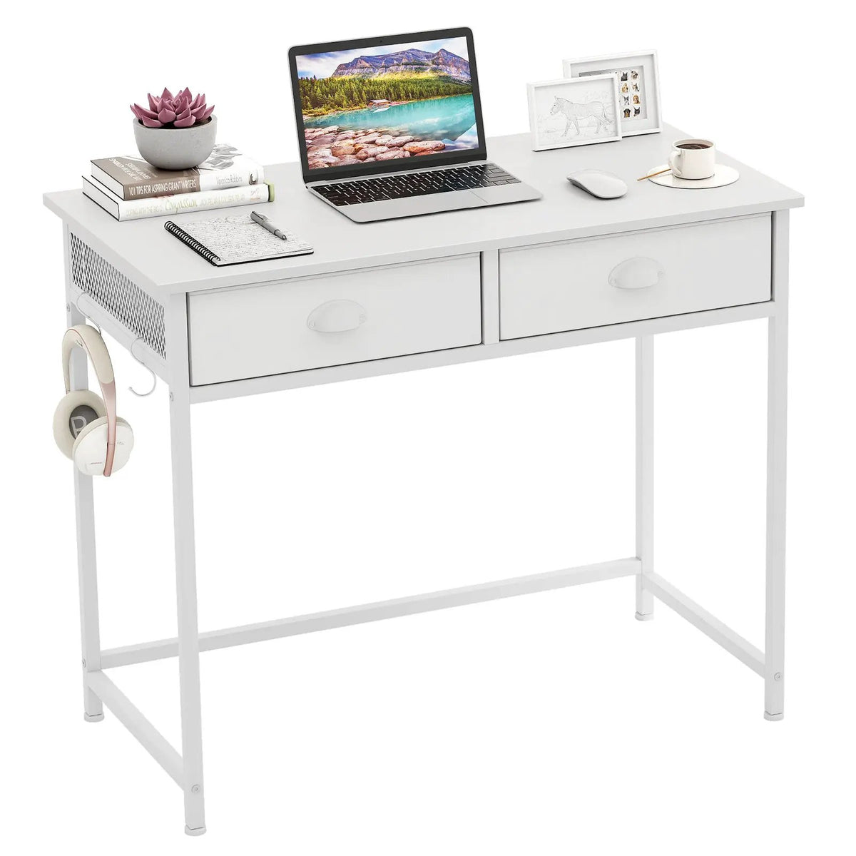 Space Saving Home Office Desk with 2 Fabric Drawers and 4 Hanging Hooks, photo 9 of 16