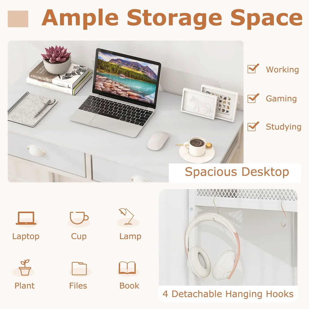 Space Saving Home Office Desk with 2 Fabric Drawers and 4 Hanging Hooks, photo 3 of 16