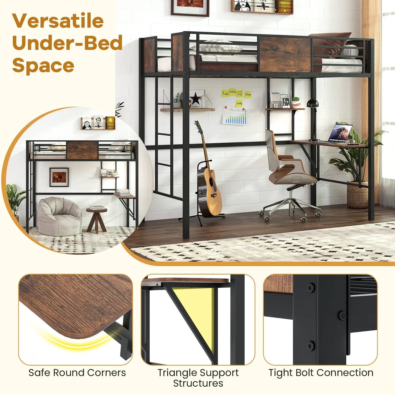 Space-Saving Twin Loft Bed with Safety Guardrail and Ladder-Coffee by DirectDeals