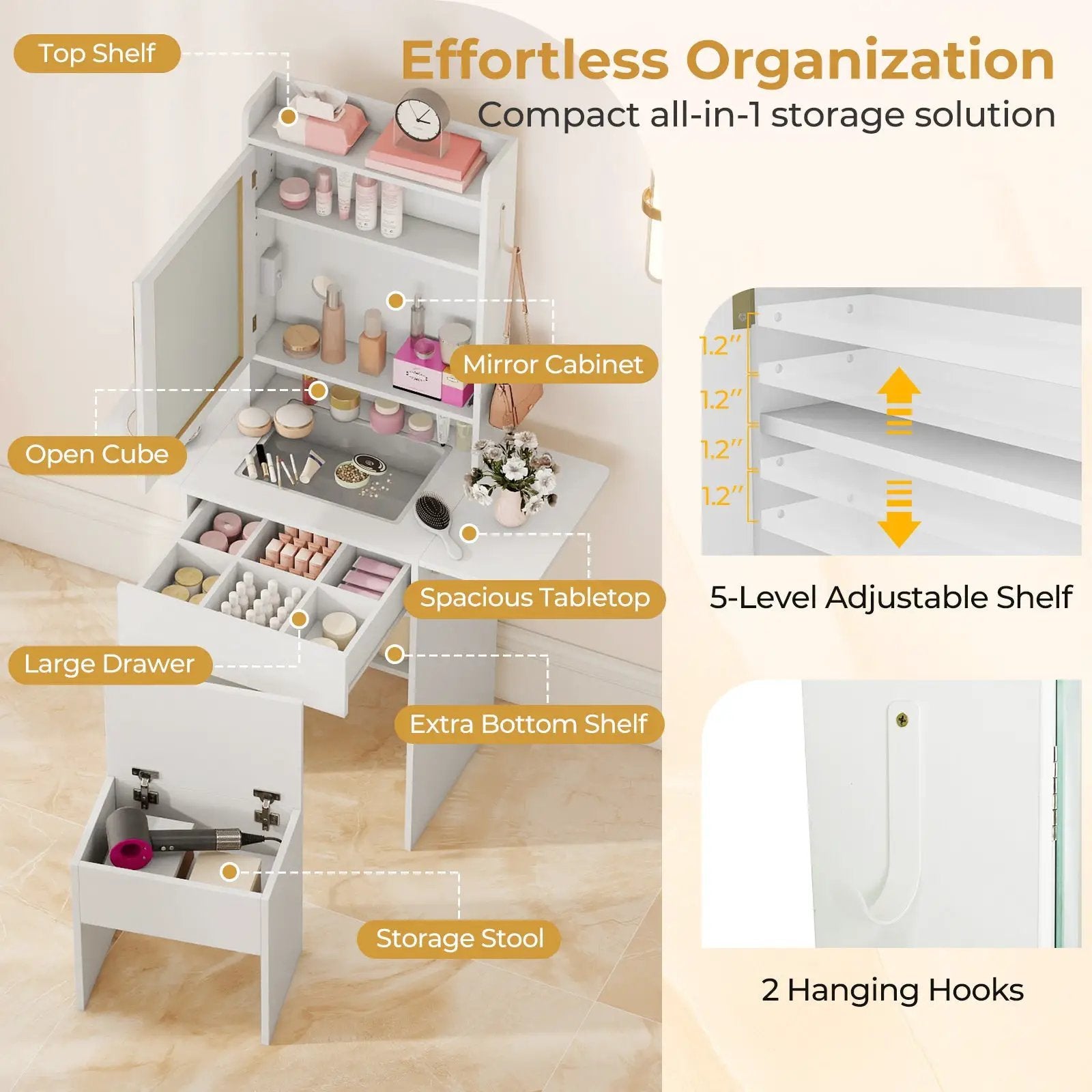 Space-saving Vanity Desk with Mirror and Lights for Bedroom by DirectDeals