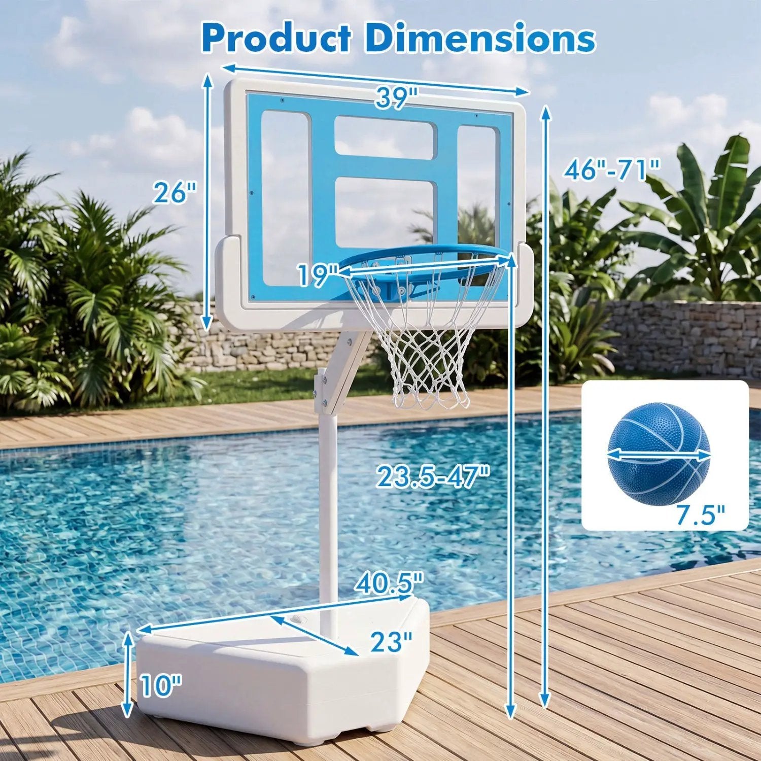 Pool Basketball Hoop with Adjustable Height & 2 Balls by DirectDeals