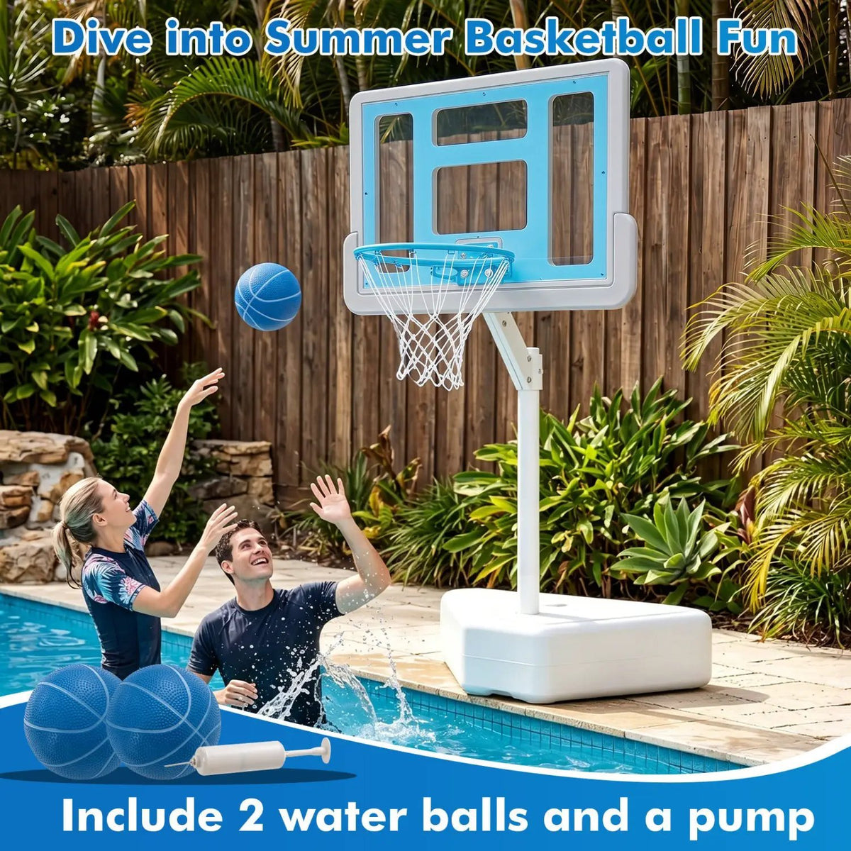 Pool Basketball Hoop with Adjustable Height & 2 Balls by DirectDeals