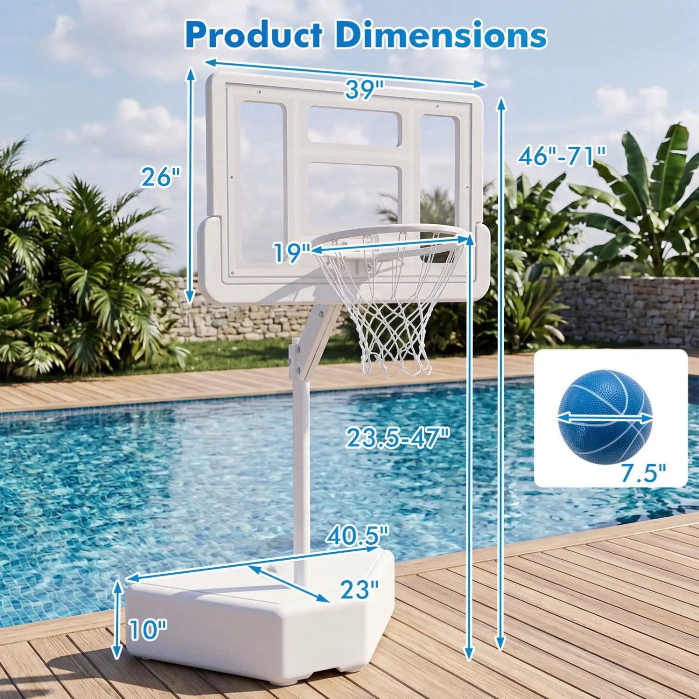 Pool Basketball Hoop with Adjustable Height & 2 Balls by DirectDeals