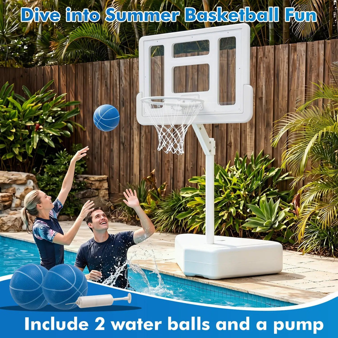 Pool Basketball Hoop with Adjustable Height & 2 Balls by DirectDeals