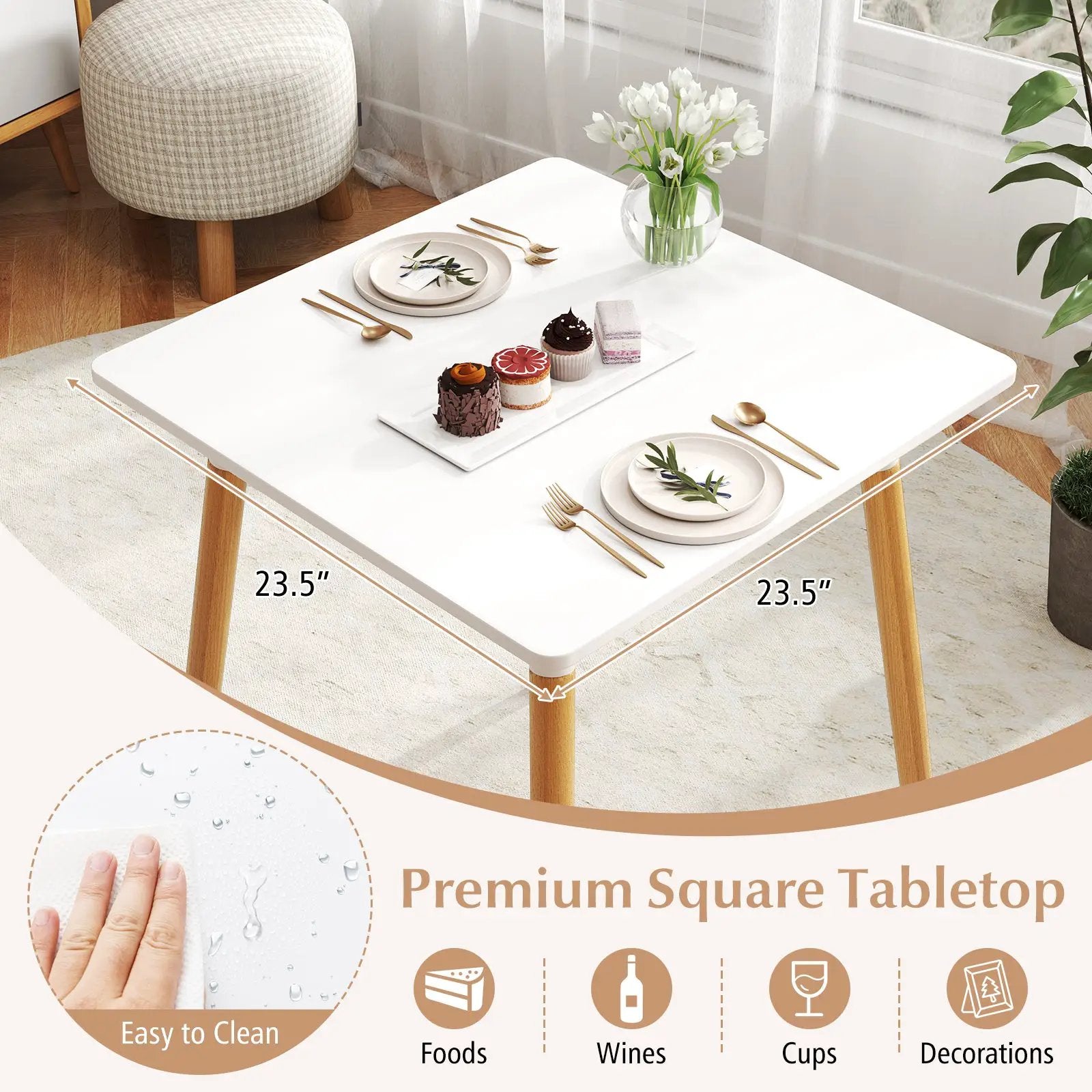 Square Dining Table with Adjustable Foot Pads for Dining Room Kitchen-White by DirectDeals