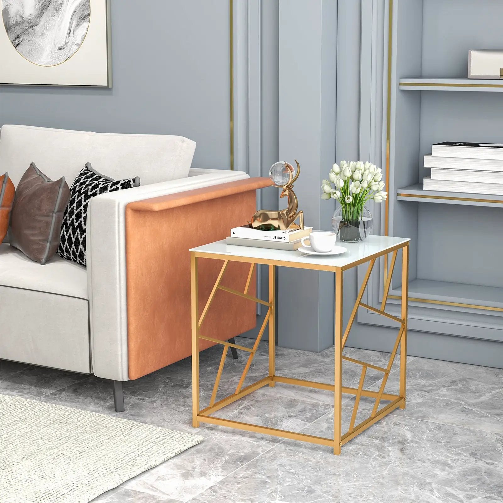 Square End Table with Tempered Glass Tabletop and Gold Finish Geometric Frame-Golden by DirectDeals