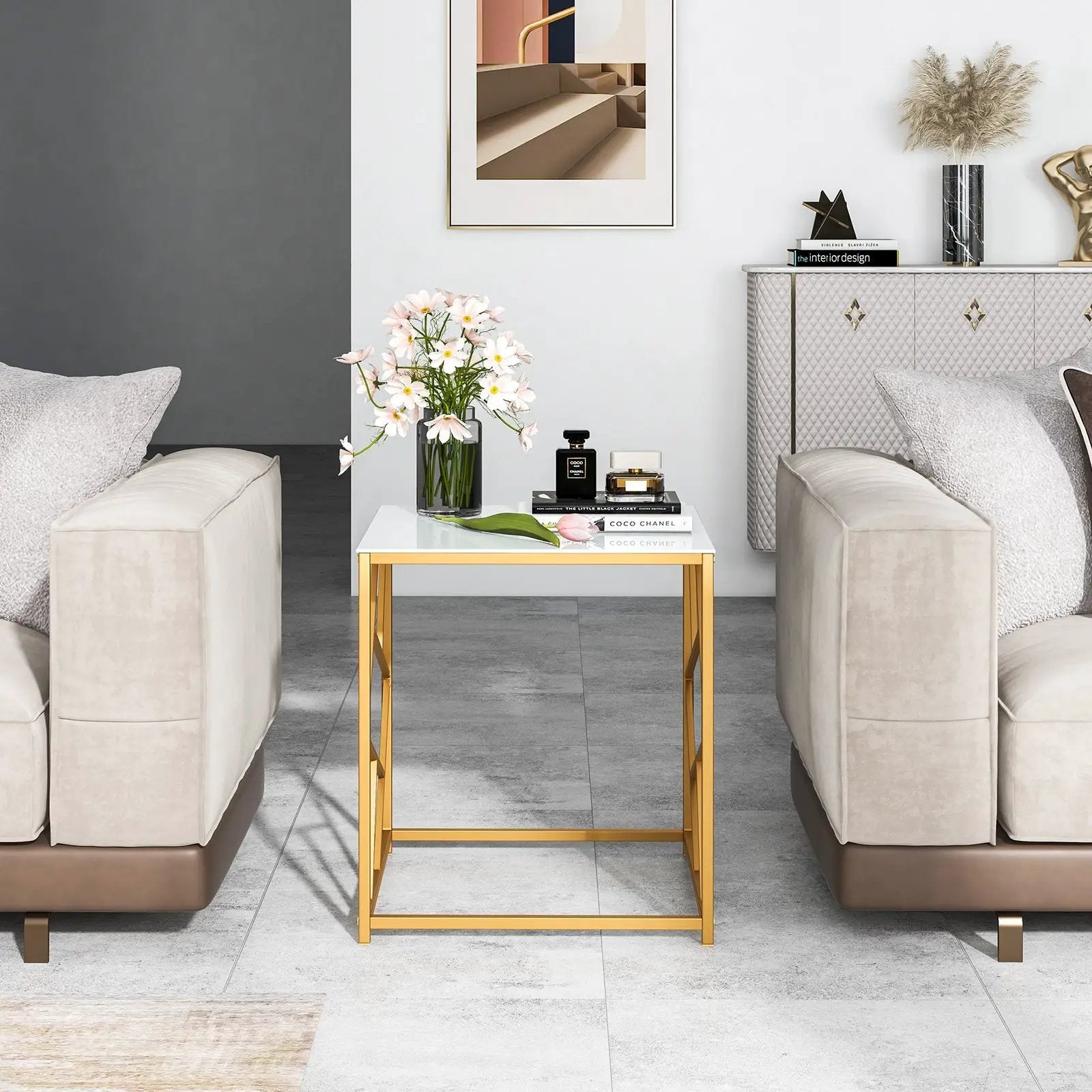 Square End Table with Tempered Glass Tabletop and Gold Finish Geometric Frame-Golden by DirectDeals
