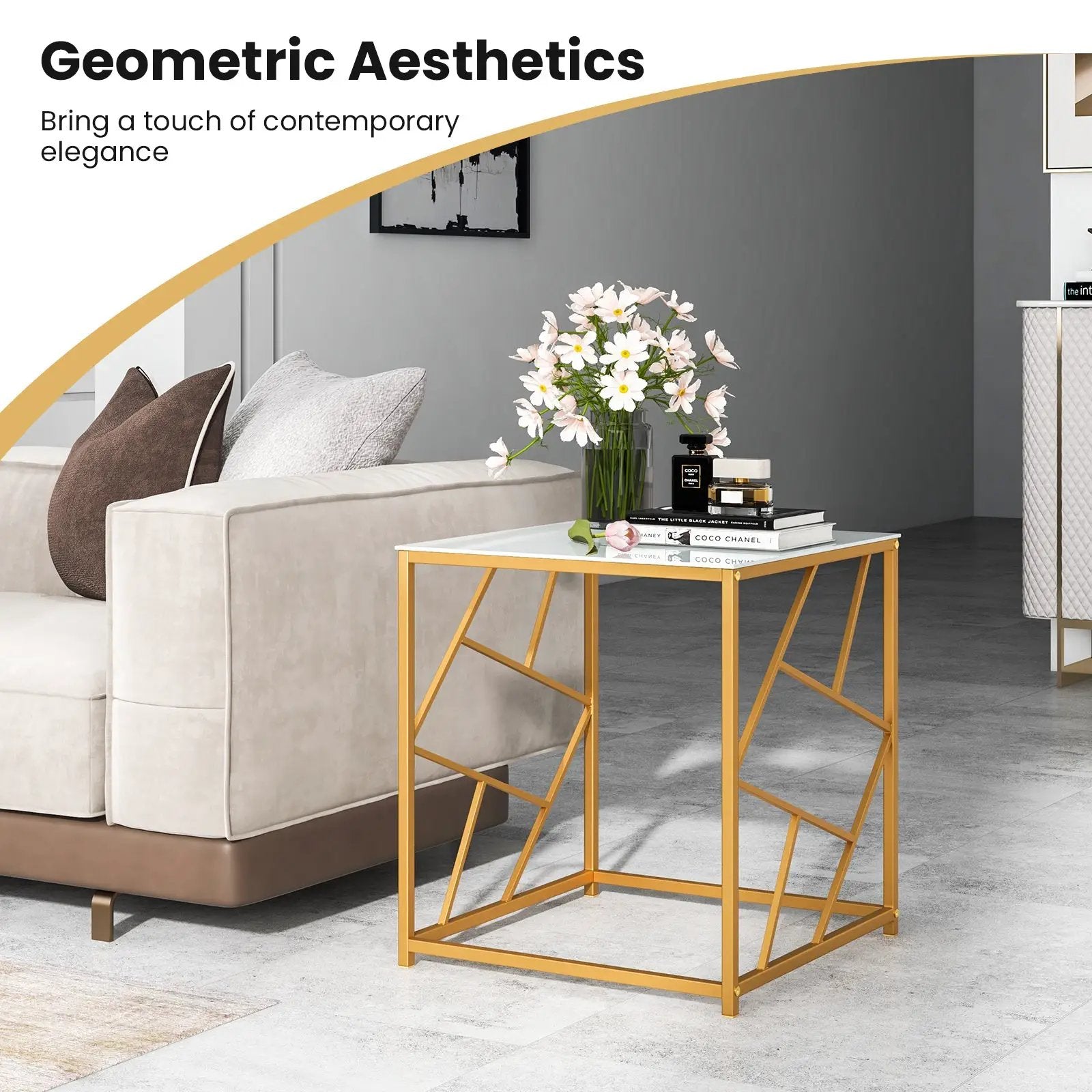 Square End Table with Tempered Glass Tabletop and Gold Finish Geometric Frame-Golden by DirectDeals