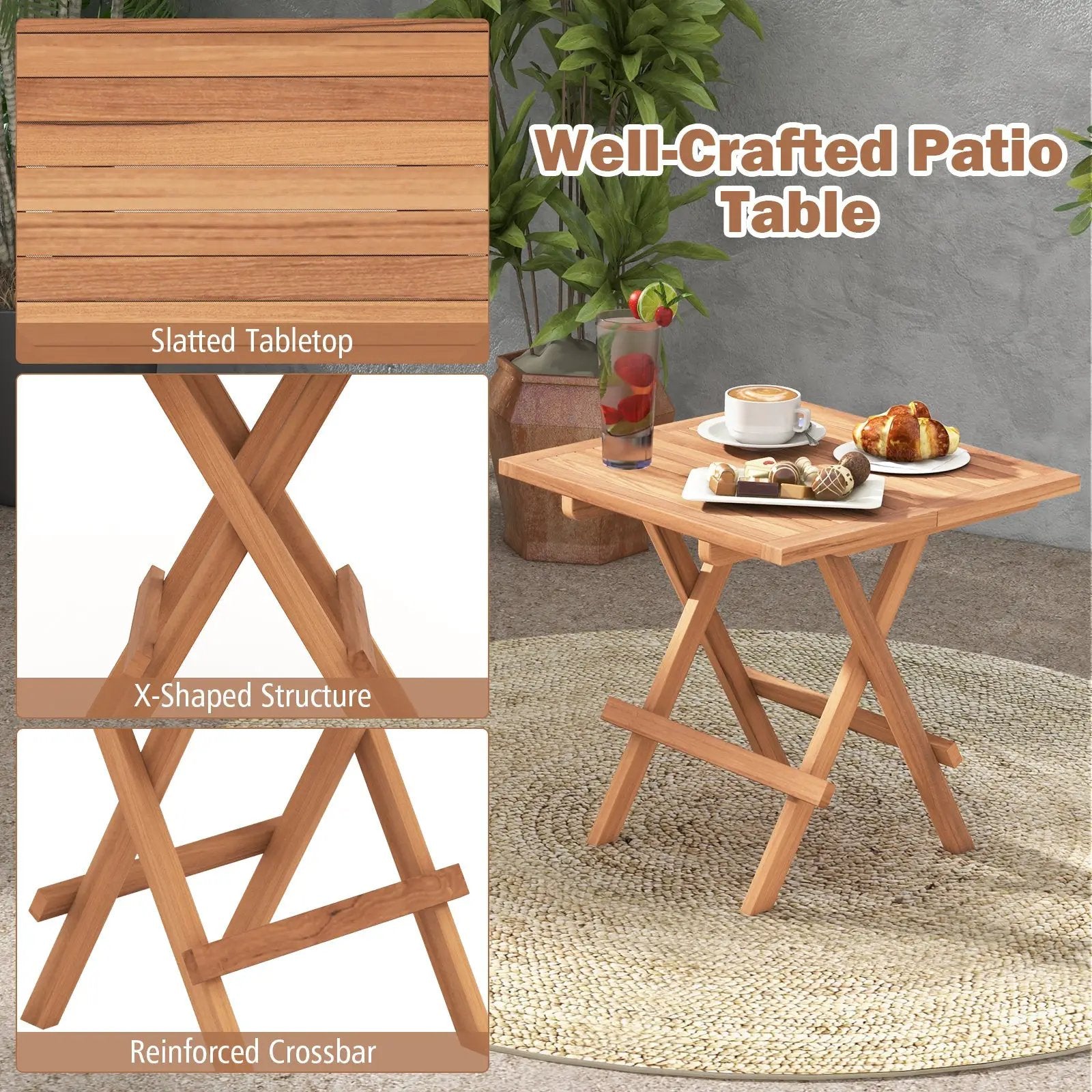 Square Patio Folding Table Indonesia Teak Wood with Slatted Tabletop Portable for Picnic by DirectDeals