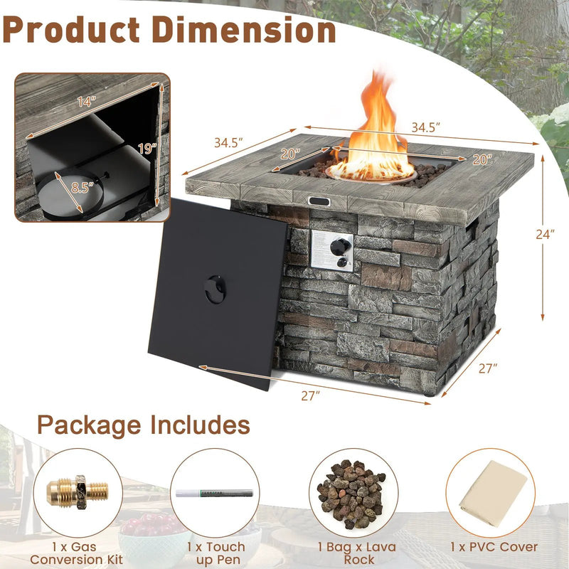 34.5 Inch Square Propane Gas Fire Pit Table with Lava Rock and PVC Cover-Gray by DirectDeals