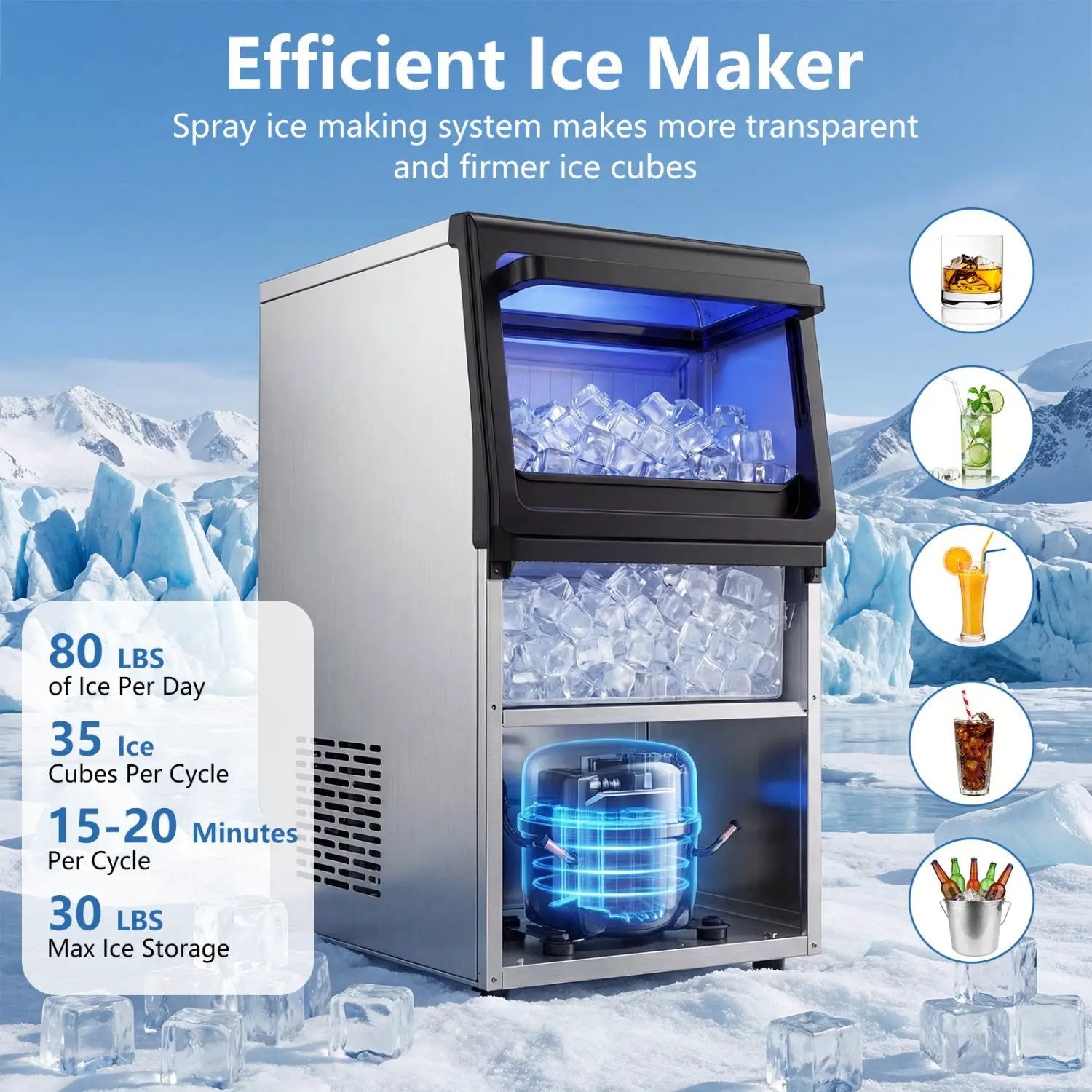 Stainless Steel Spary Ice Maker with 30 LBS Storage Capacity and 80 LBS Per Day by DirectDeals