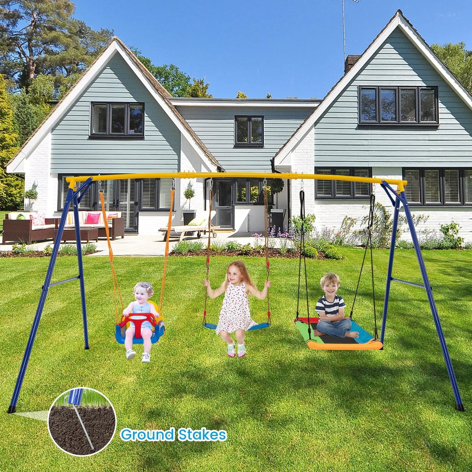 660 LBS Heavy Duty Carbon Steel Swing Frame with 3 Swings-Yellow by DirectDeals