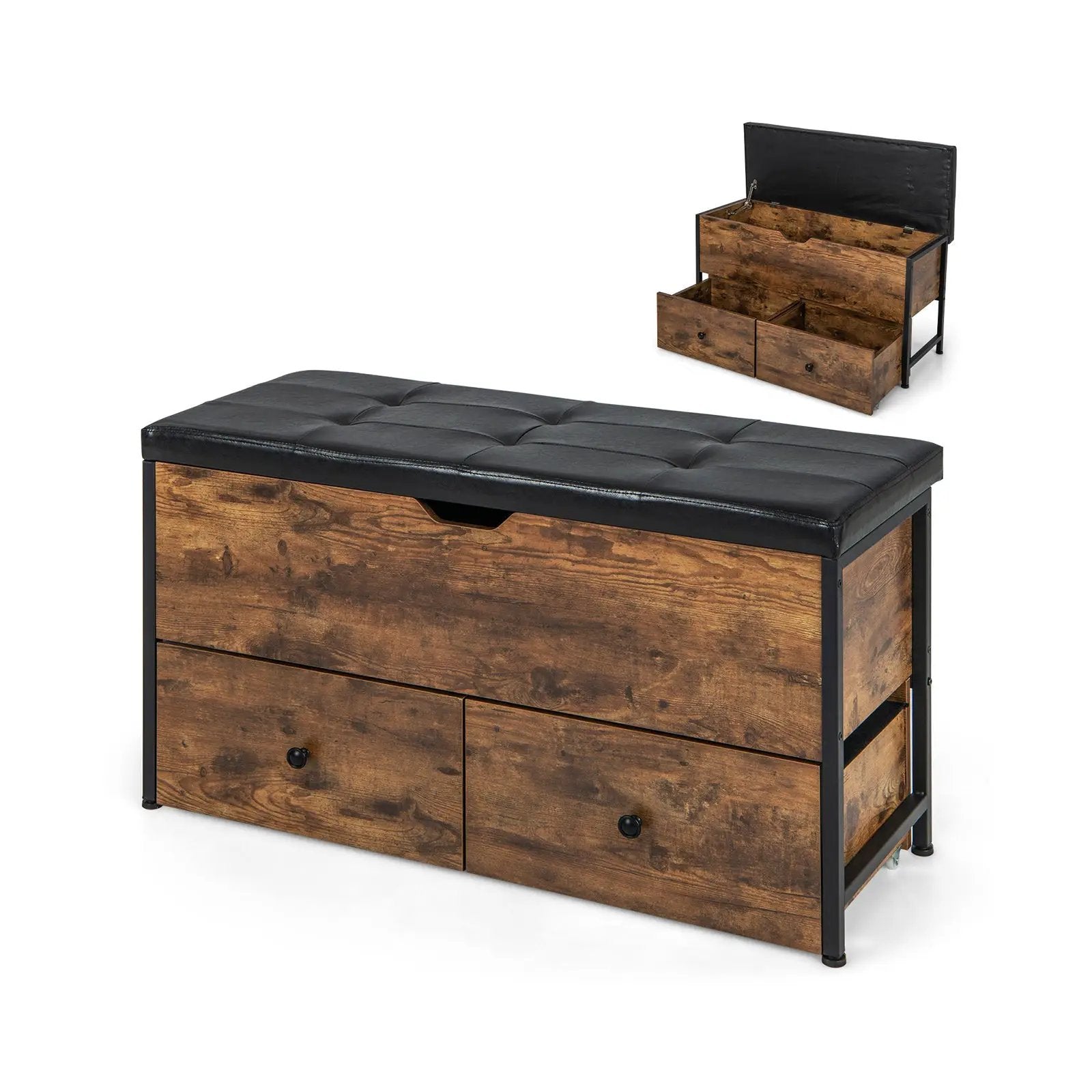 Storage Ottoman Bench with Padded Seat Cushion and 2 Drawers for Entryway-Brown by DirectDeals