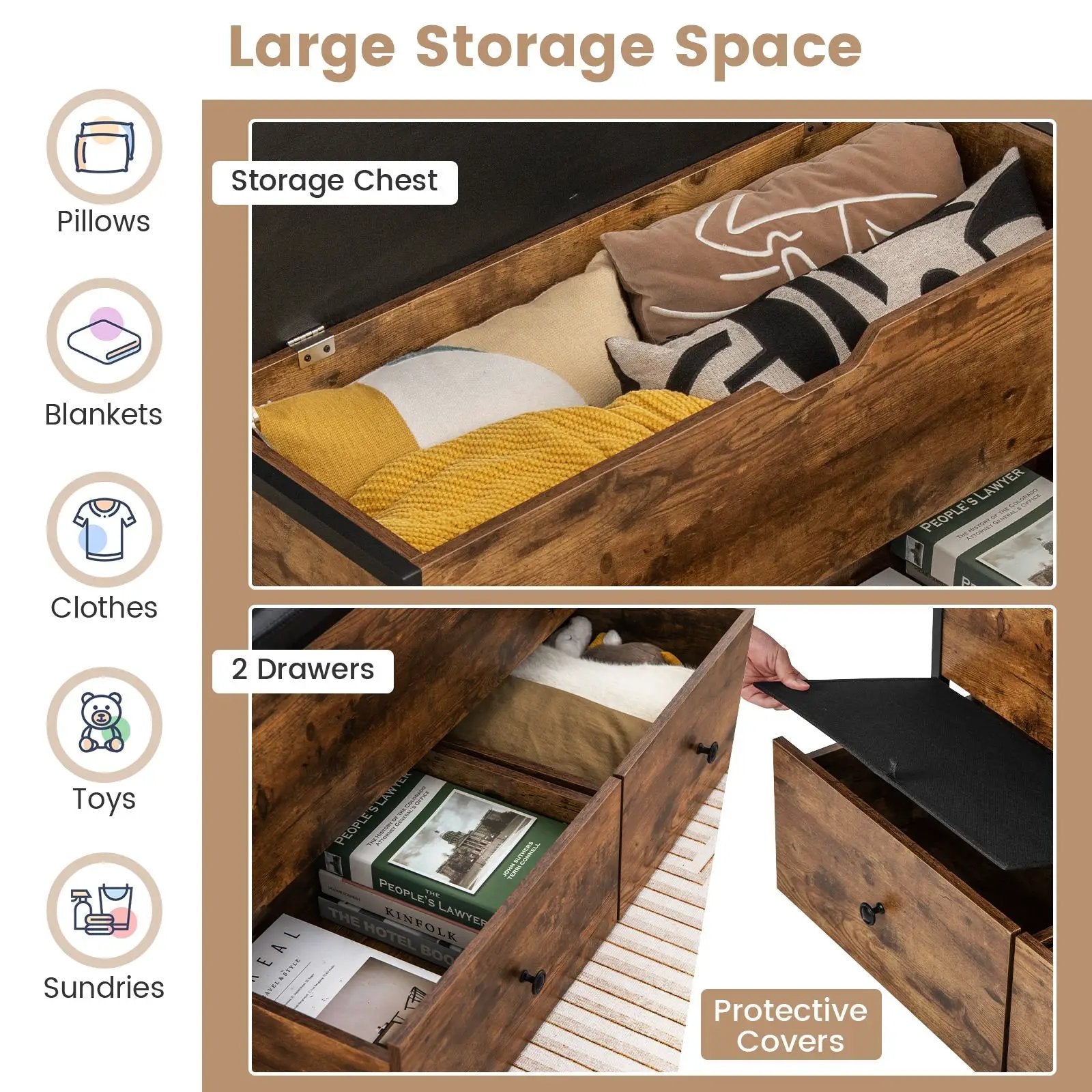 Storage Ottoman Bench with Padded Seat Cushion and 2 Drawers for Entryway-Brown by DirectDeals