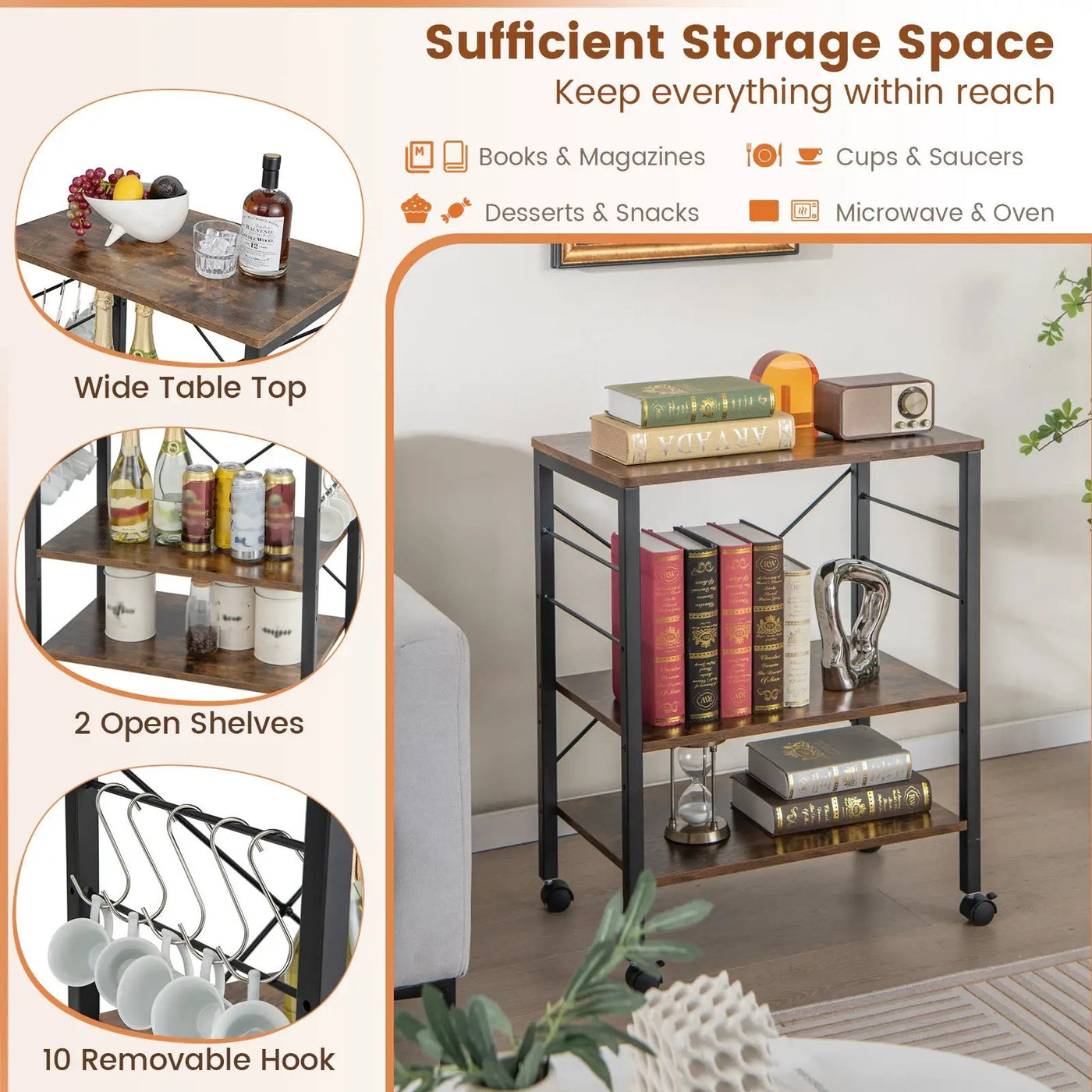 3-Tier Kitchen Baker's Rack Microwave Oven Storage Cart with Hooks by DirectDeals
