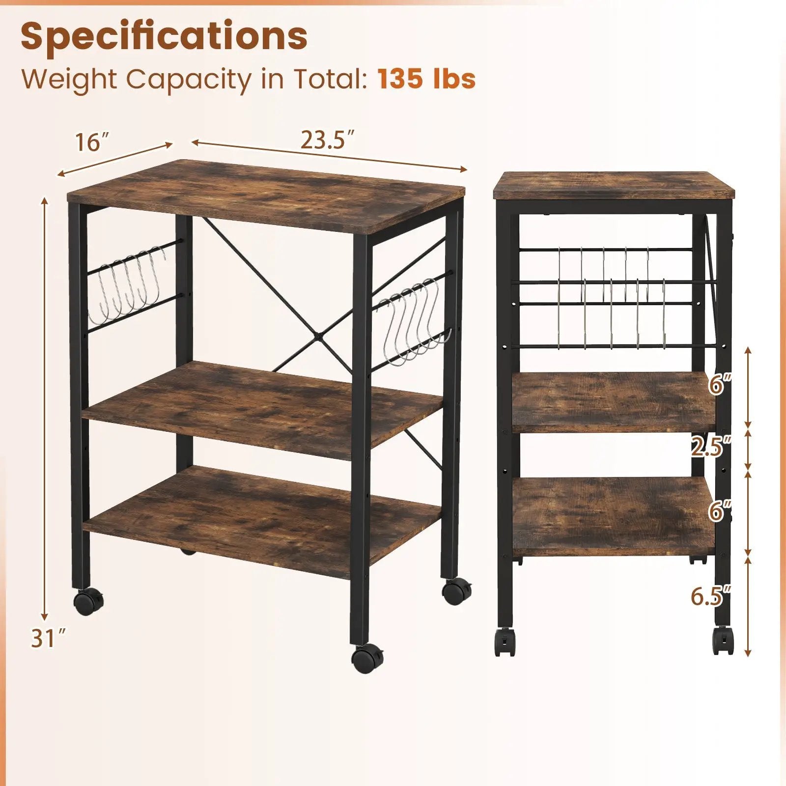 3-Tier Kitchen Baker's Rack Microwave Oven Storage Cart with Hooks by DirectDeals