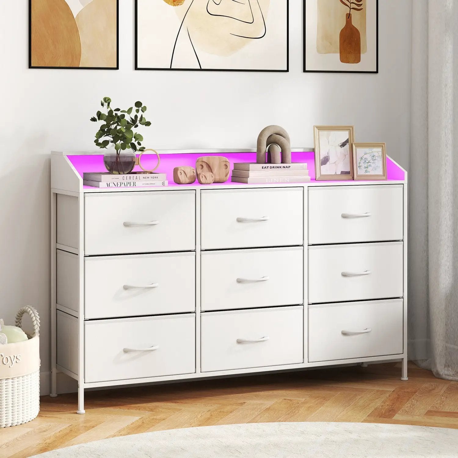 Storage Organizer with LED Lights and 9 Fabric Drawers for Bedroom by DirectDeals
