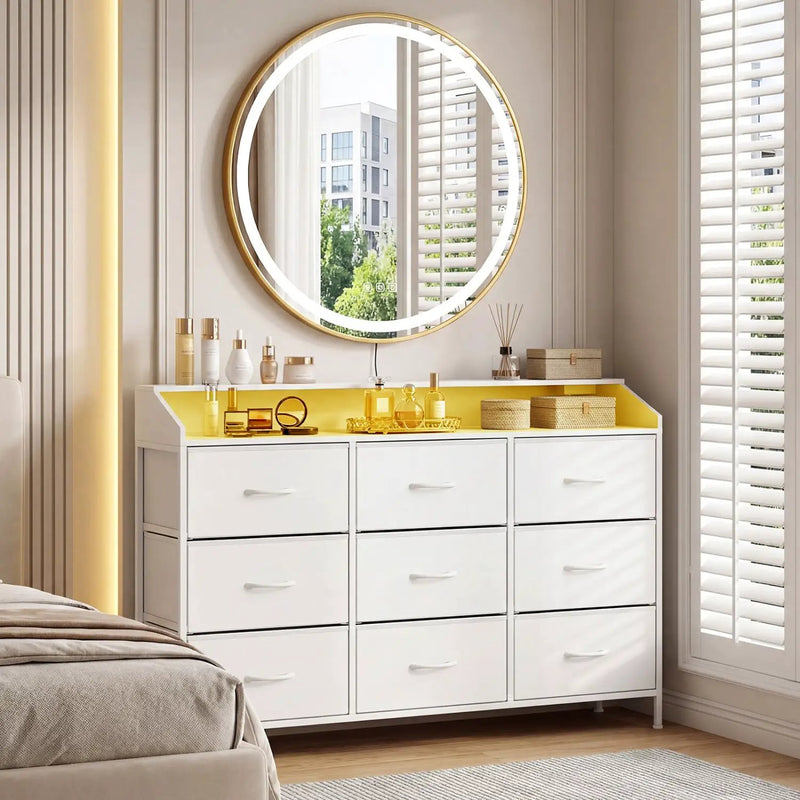 Storage Organizer with LED Lights and 9 Fabric Drawers for Bedroom by DirectDeals