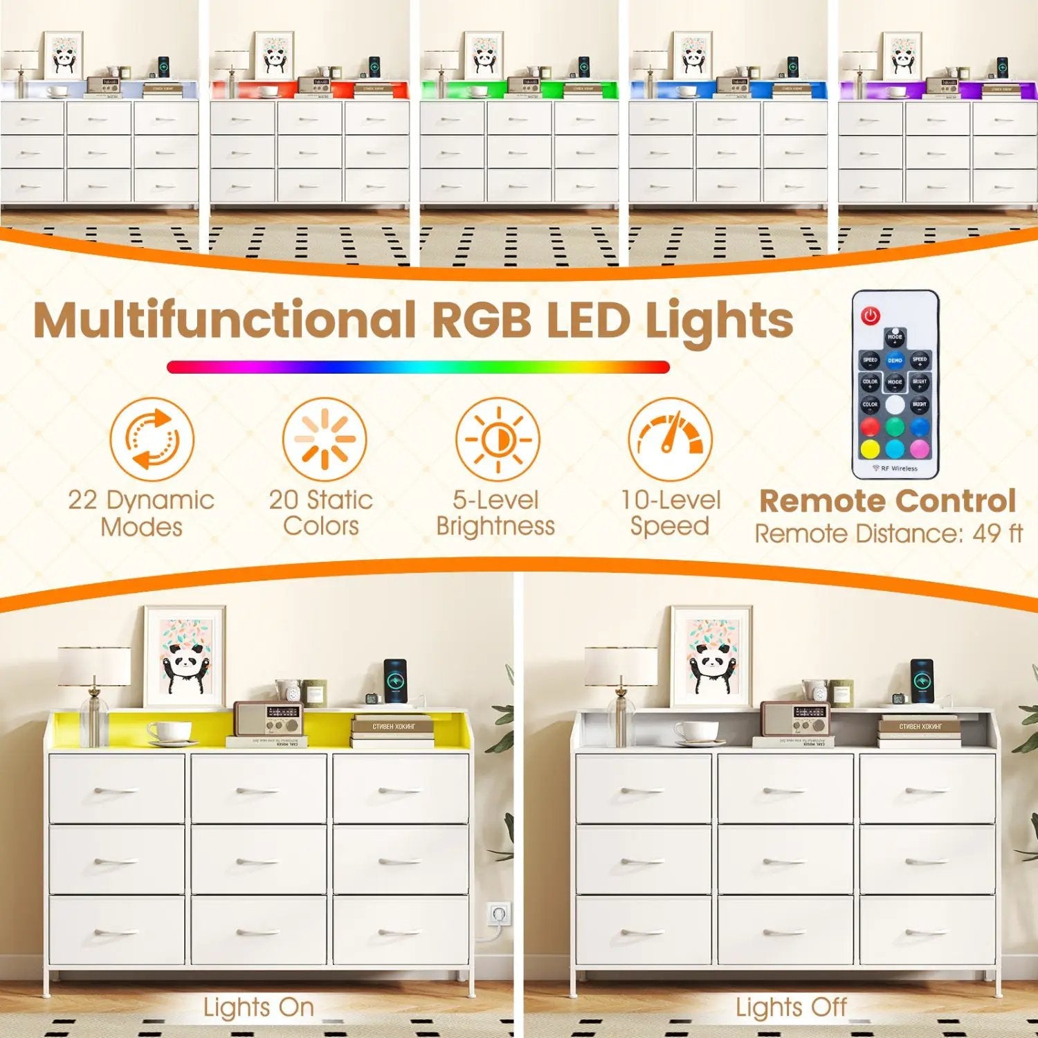 Storage Organizer with LED Lights and 9 Fabric Drawers for Bedroom by DirectDeals