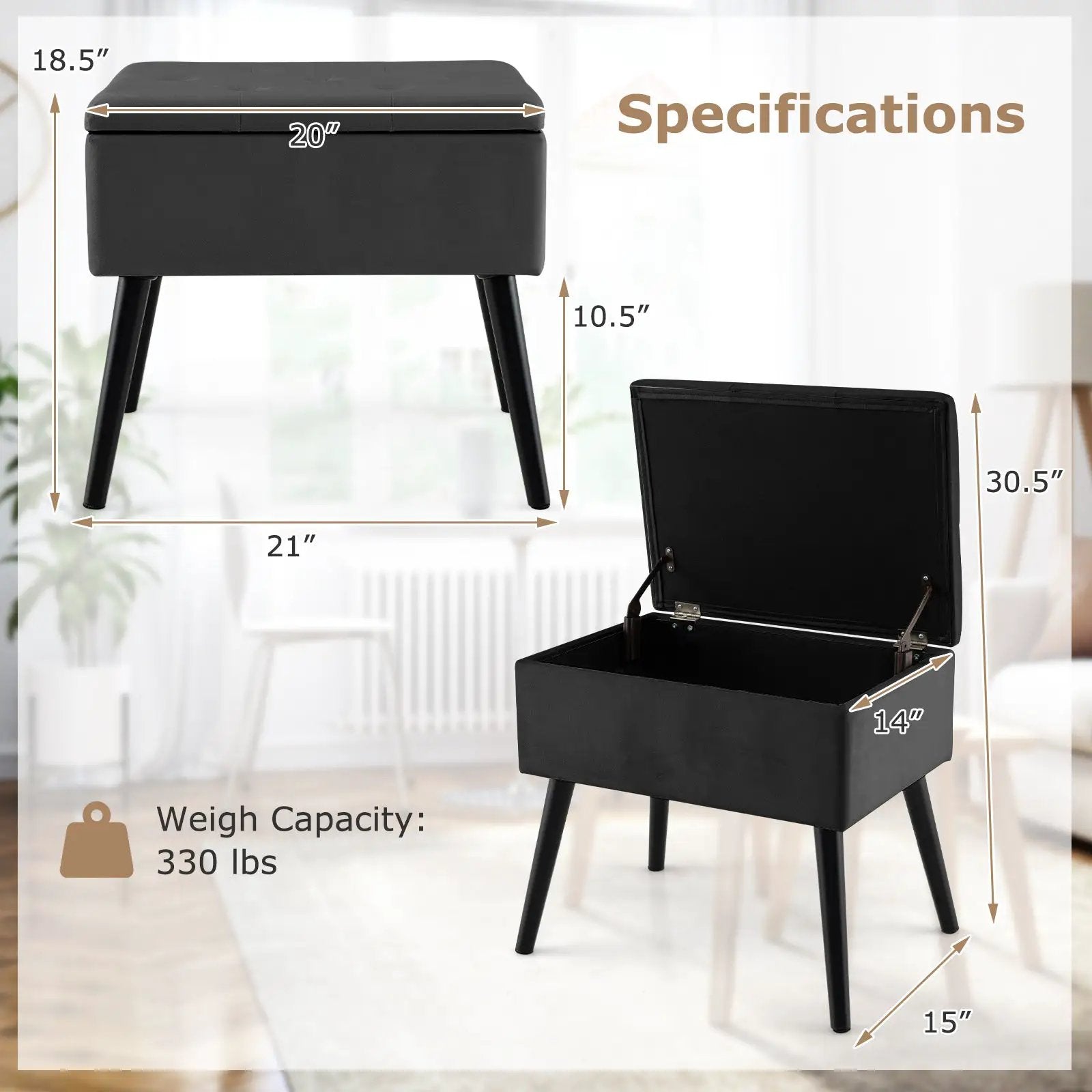 Velvet Storage Ottoman with Solid Wood Legs for Living Room Bedroom by DirectDeals