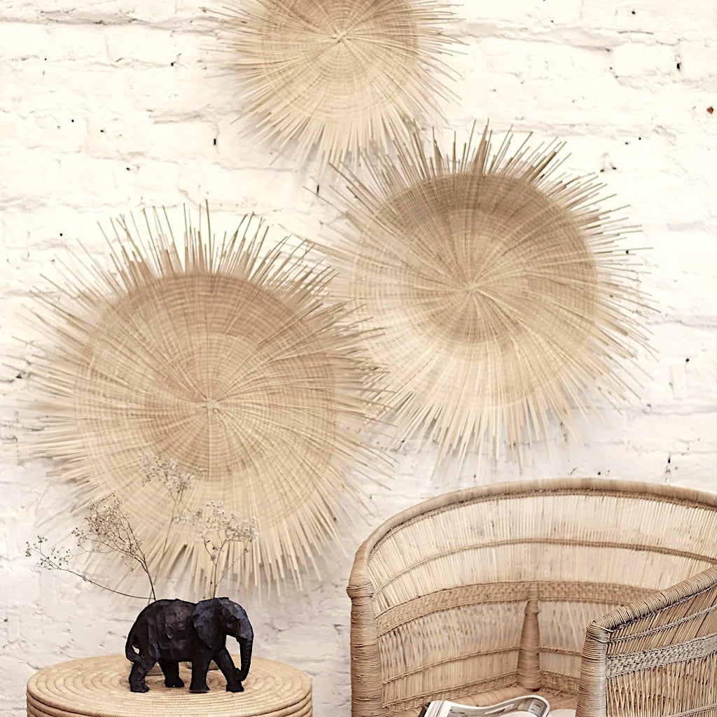 Natural Sunburst Plate Wall Hanging - 30", installed in a room