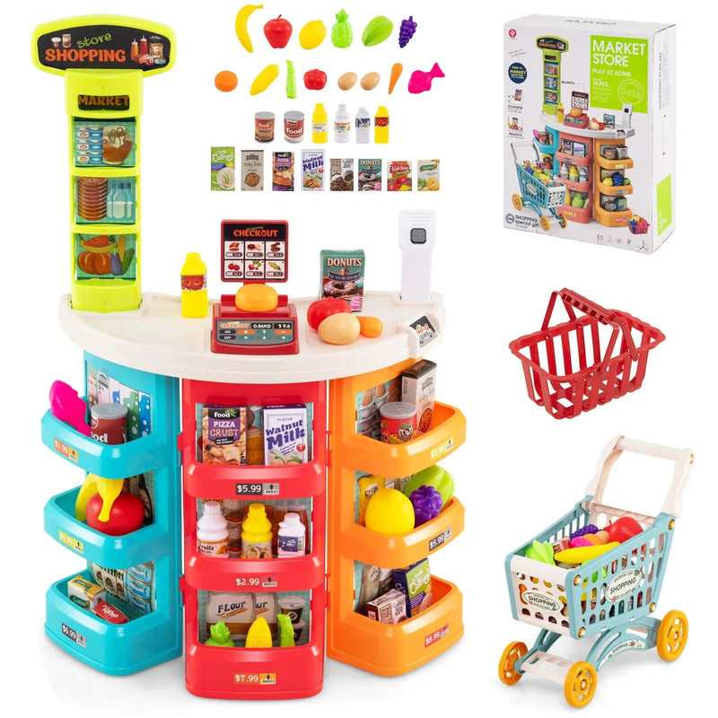 Supermarket Playset for Kids 76 PCS Pretend Play Grocery Store Set with Shopping Cart by DirectDeals